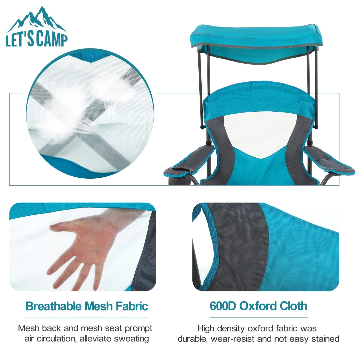 LET'S CAMP Camp Chair with Shade Canopy Folding Camping Chair with Cup Holder and Carry Bag for Outdoor Camping Hiking Beach, Heavy Duty 350 LBS,2 Pack