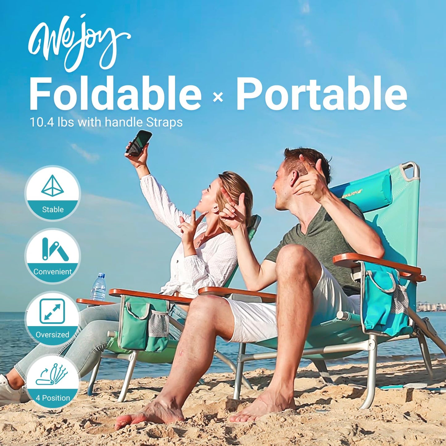 #WEJOY Folding Beach Chair for Adults 4 Position Aluminum Beach Chair with Headrest, Wooden Armrests, Cup Holder for Outdoor Camp Lawn Picnic BBQ Support 300LBS Backpack Folding Reclining Beach Chairs