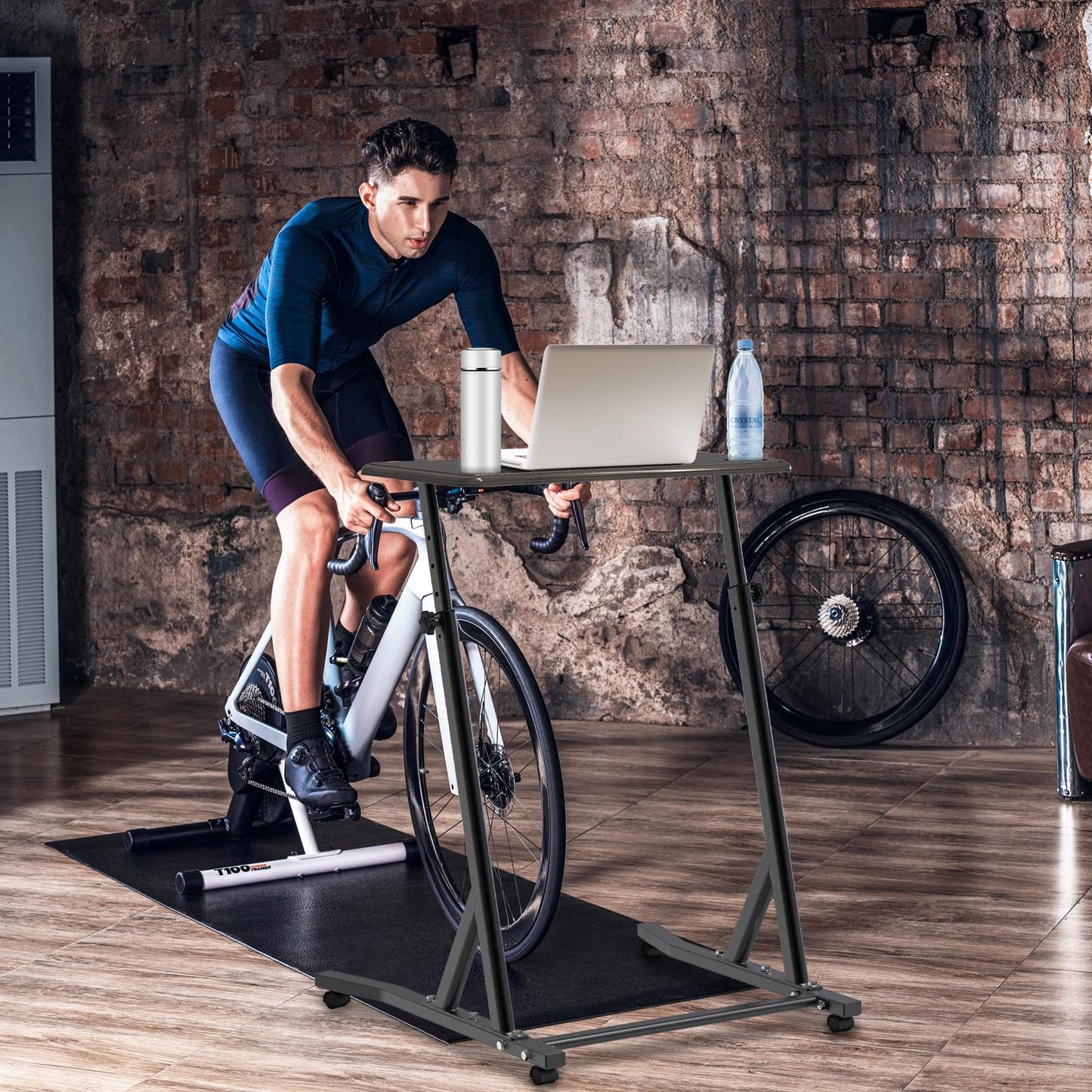 SELEWARE Indoor Cycling Desk Height Adjustable Bike Desk Workstation Standing Desk Wooden Laptop Desk Portable Bike Trainer Fitness Desk with Lockable Wheels for Indoor Cycling Treadmill & Office Use