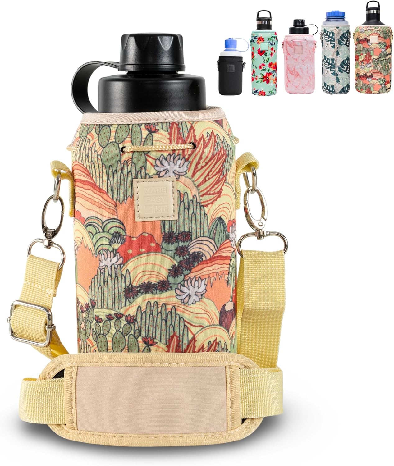 Insulated Neoprene Water Bottle Carrier | Adjustable Sling Pouch | Black, Large