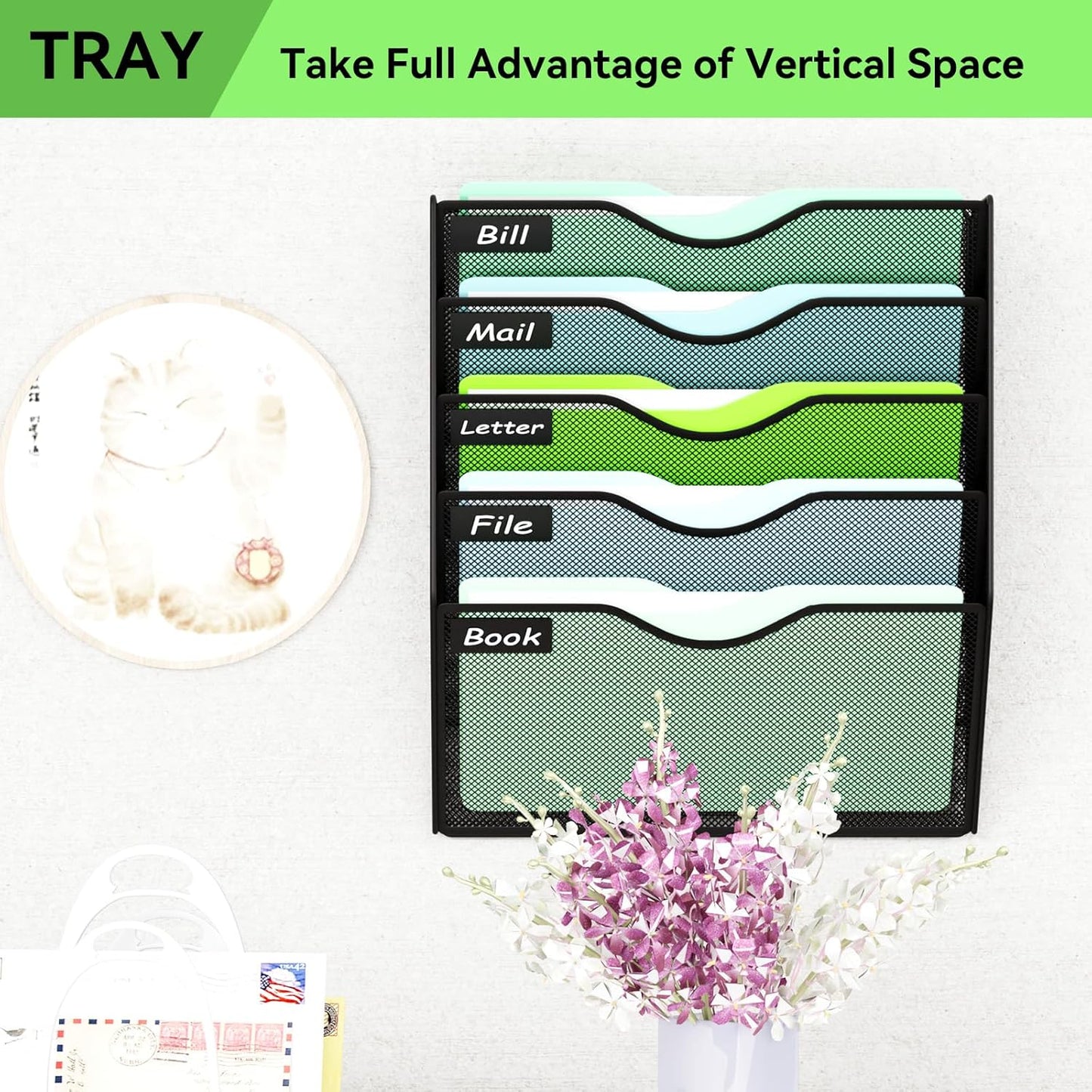 5 Pockets Mesh Hanging Wall File Holder Organizer Wall Mounted Paper Magazine Rack, Black