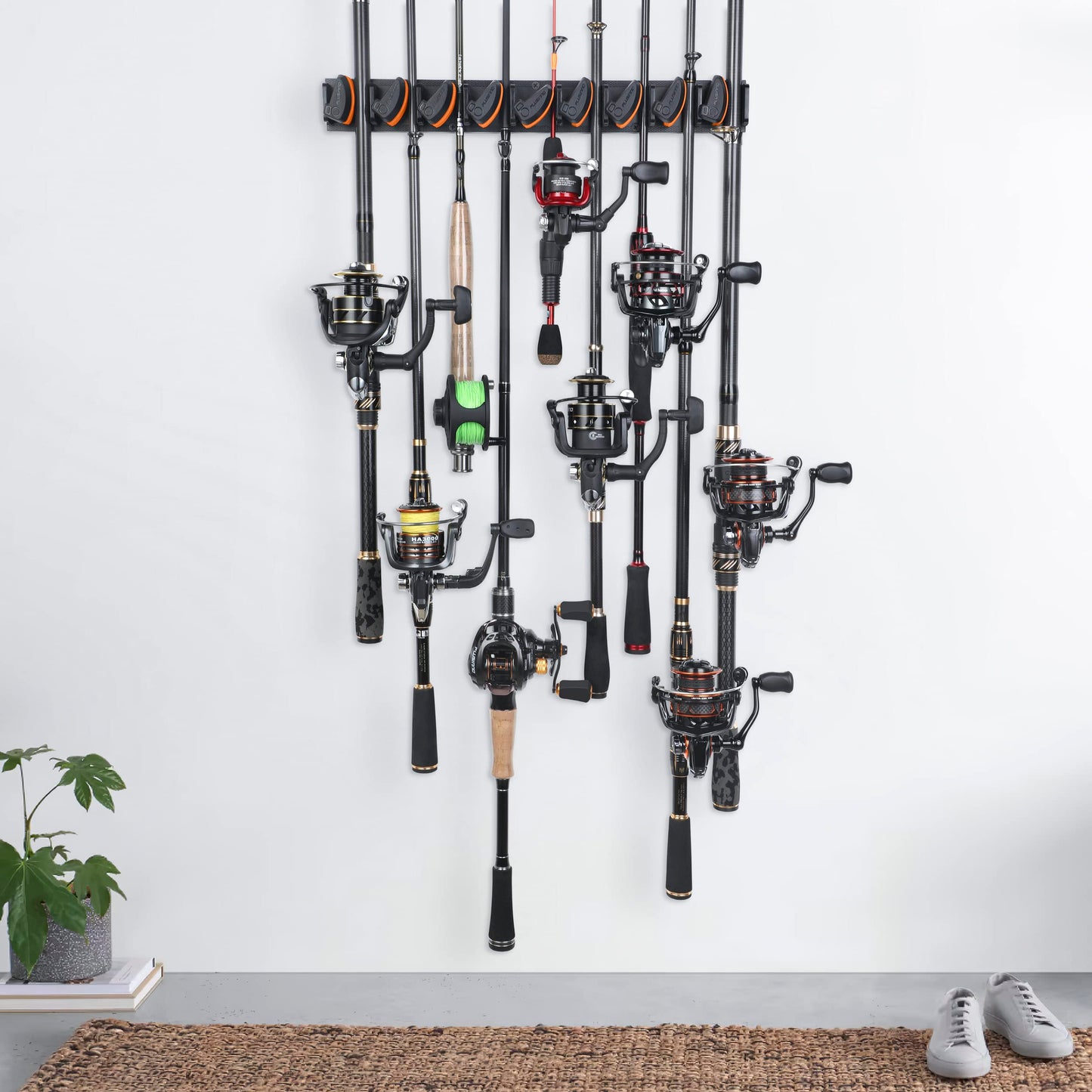 PLUSINNO V9 Vertical Fishing Rod Holders, Wall Mounted Fishing Pole Holders, Fishing Rod Rack Holds Up to 9 Rods or Combos, Fishing Rod Holders for Garage, Fits Most Rods of Diameter 3-19mm