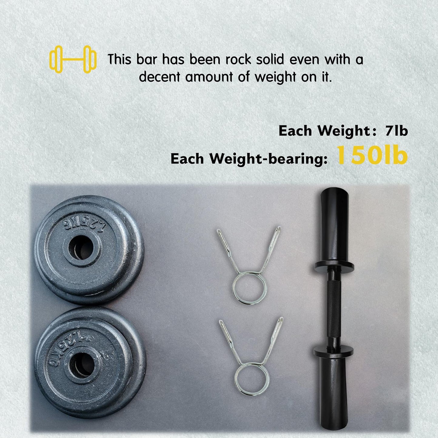 16" Olympic Dumbbell Handles Black, Loadable Dumbbells Bar Sets (150LBS Weight Capacity), Compatible with 2’’ Standard Plates, 2 Pair of Spring Collars Included