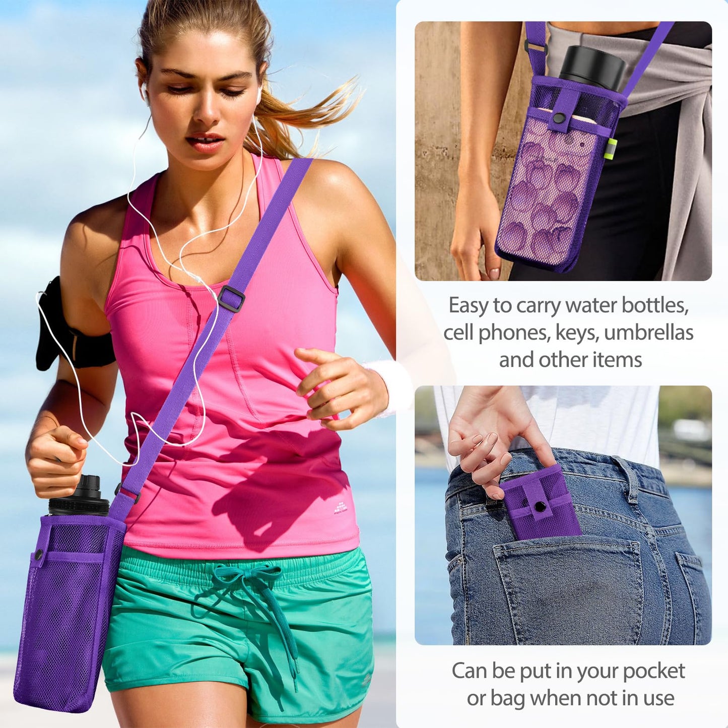 Large Water Bottle Bag with Strap, Big Mesh Water Bottle Holder Crossbody Water Sling Bag Shoulder Strap and Pocket - Lightweight Water Bottle Carrier for Walking Sports Hiking Camping (Purple)