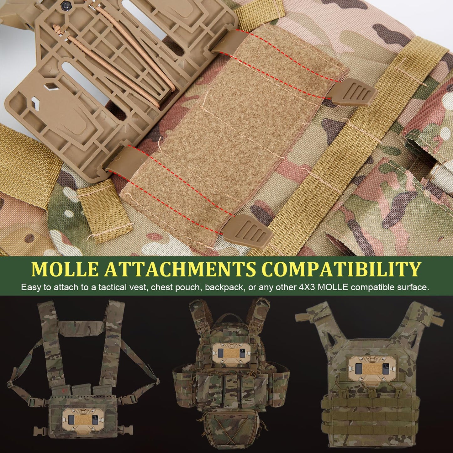 AGPTEK Universal Molle Tactical Phone Holder - Chest Mount for Tactical Vests and Plate Carriers, Phone Mount Fits 4.7"-6.7" Cell Phones, Ideal for Outdoor Paintball, Airsoft, and Hunting(Tan)