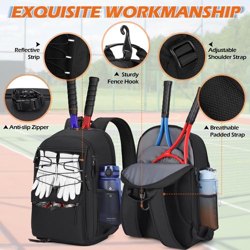 IGOLUMON Tennis Bag Tennis Backpack, Large Tennis Bags for Women and Men Racket Bags Holds 2 Rackets with Insulated Pocket Ventilated Shoe Compartment, for Pickleball, Badminton, Squash,Black