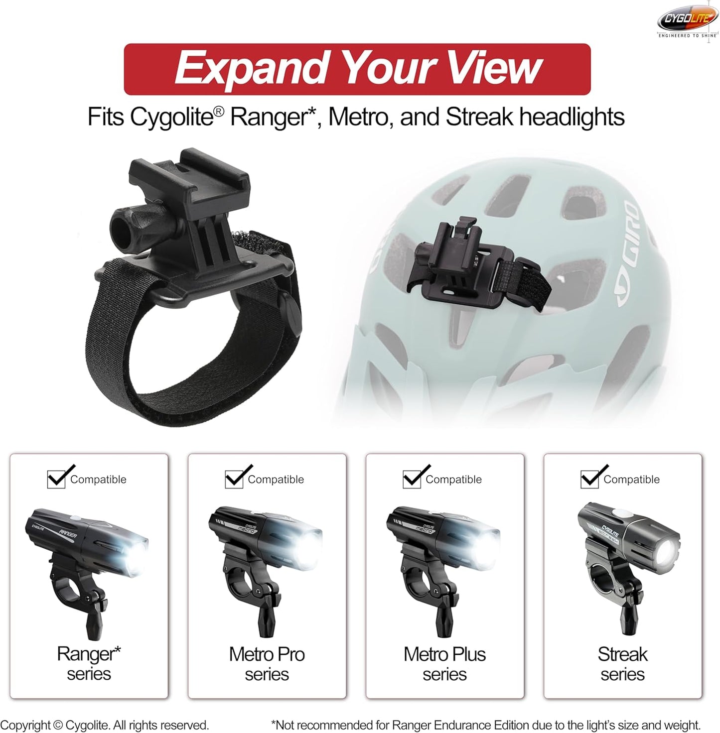 Cygolite Helmet Mount Kit for Ranger, Expilion, Metro, Streak Series Bike Lights, Black, Compact (HLMT-DCV12)