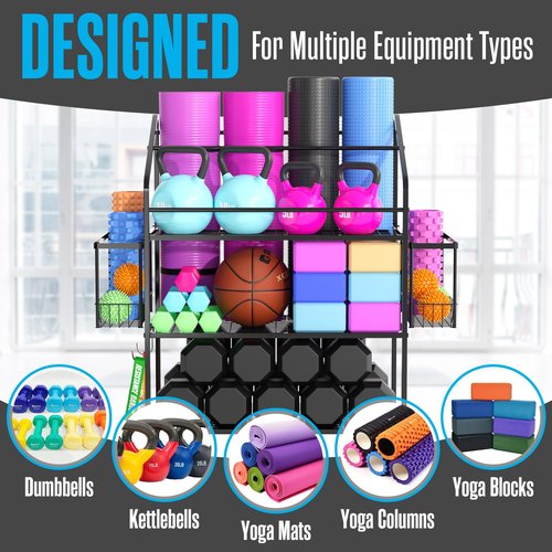 Workout Equipment Storage, Exercise Equipment Storage, Home Gym Organizer, Weight Rack for Home Gym, Kettlebell Rack, Free Weight Dumbbell Holder Cart, Yoga Organization Shelf, Rolling, Metal, 3 Tier