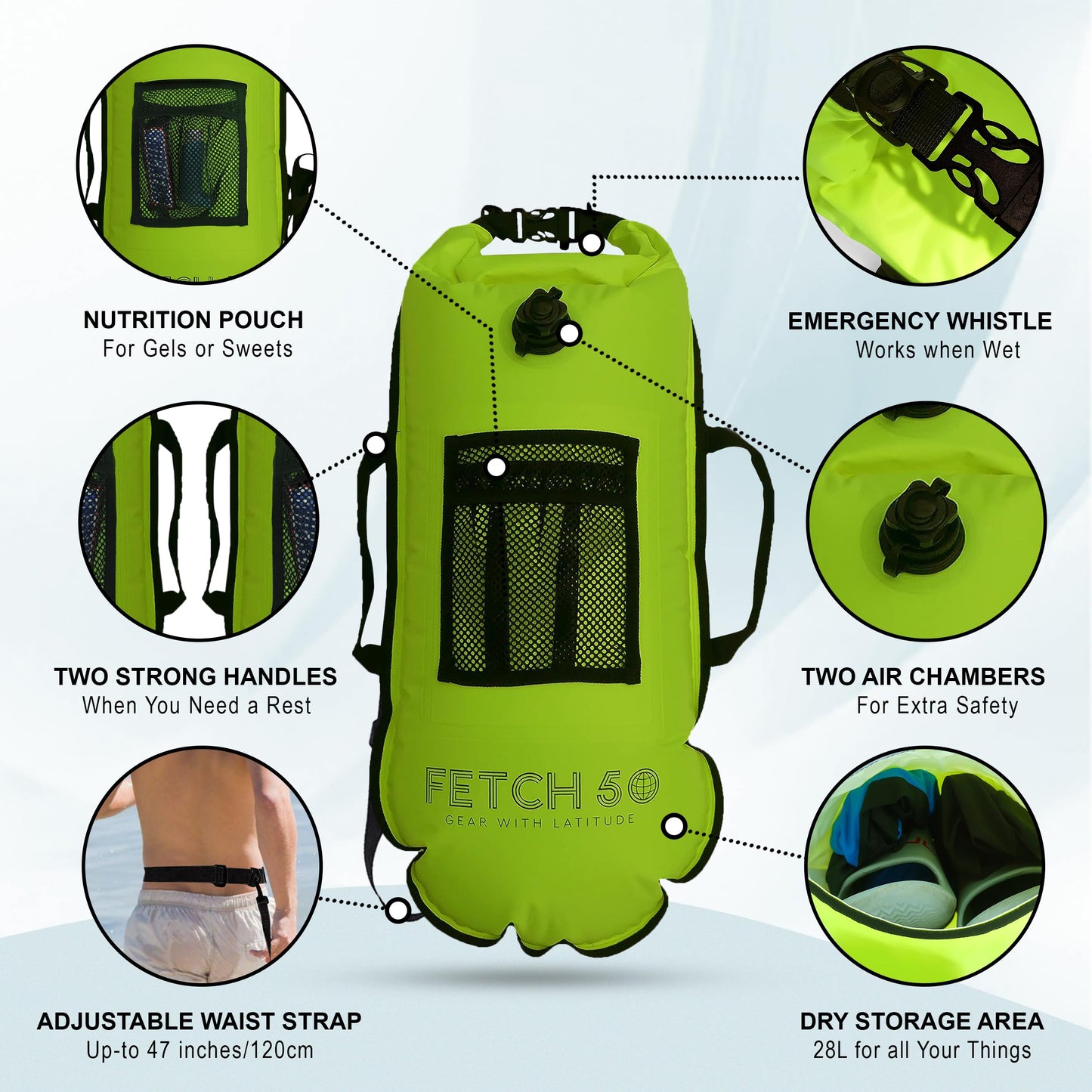 Fetch 50 Swim Buoy Dry Bag | Double Chamber Dry Bag with Handles, Nutrition Pouch and Whistle | Flourcesent Yellow Swimming Tow Float