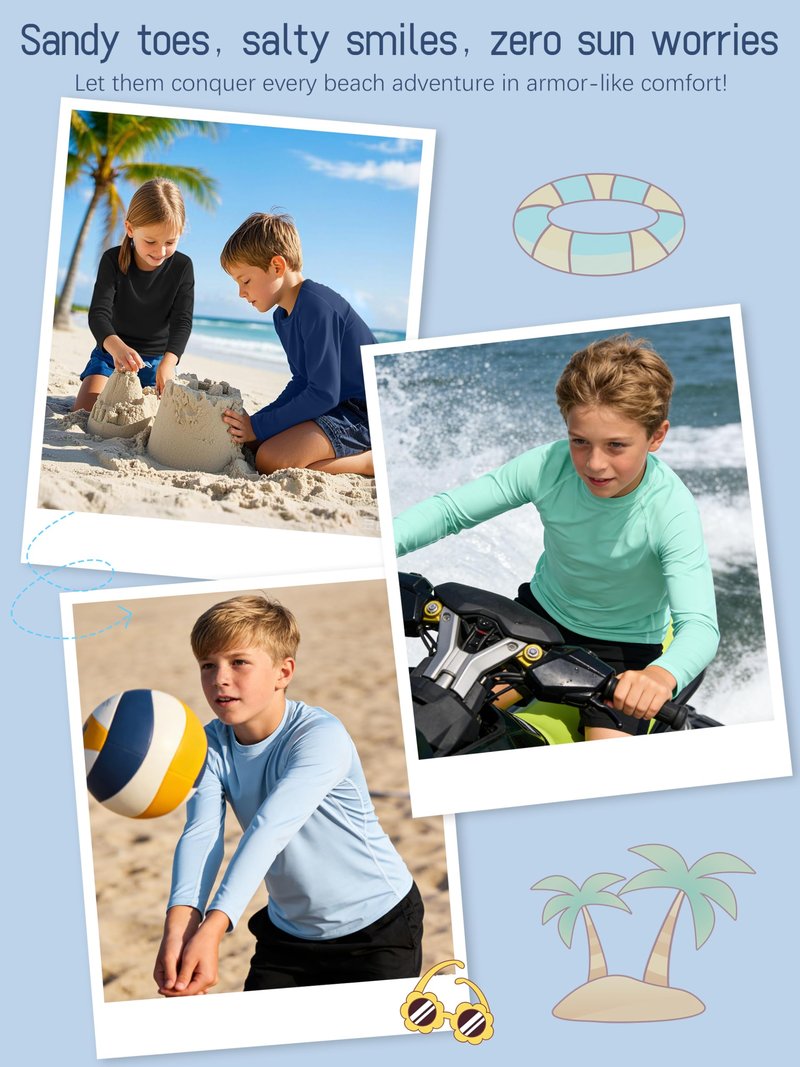 4 Pack Boys' Rash Guard Youth Neon Shirts SPF Long Sleeve Swim Shirts Quick Dry Sun Protection Swimwear for Kids Black, Mint, Dark Blue, Light Blue 7-8Y