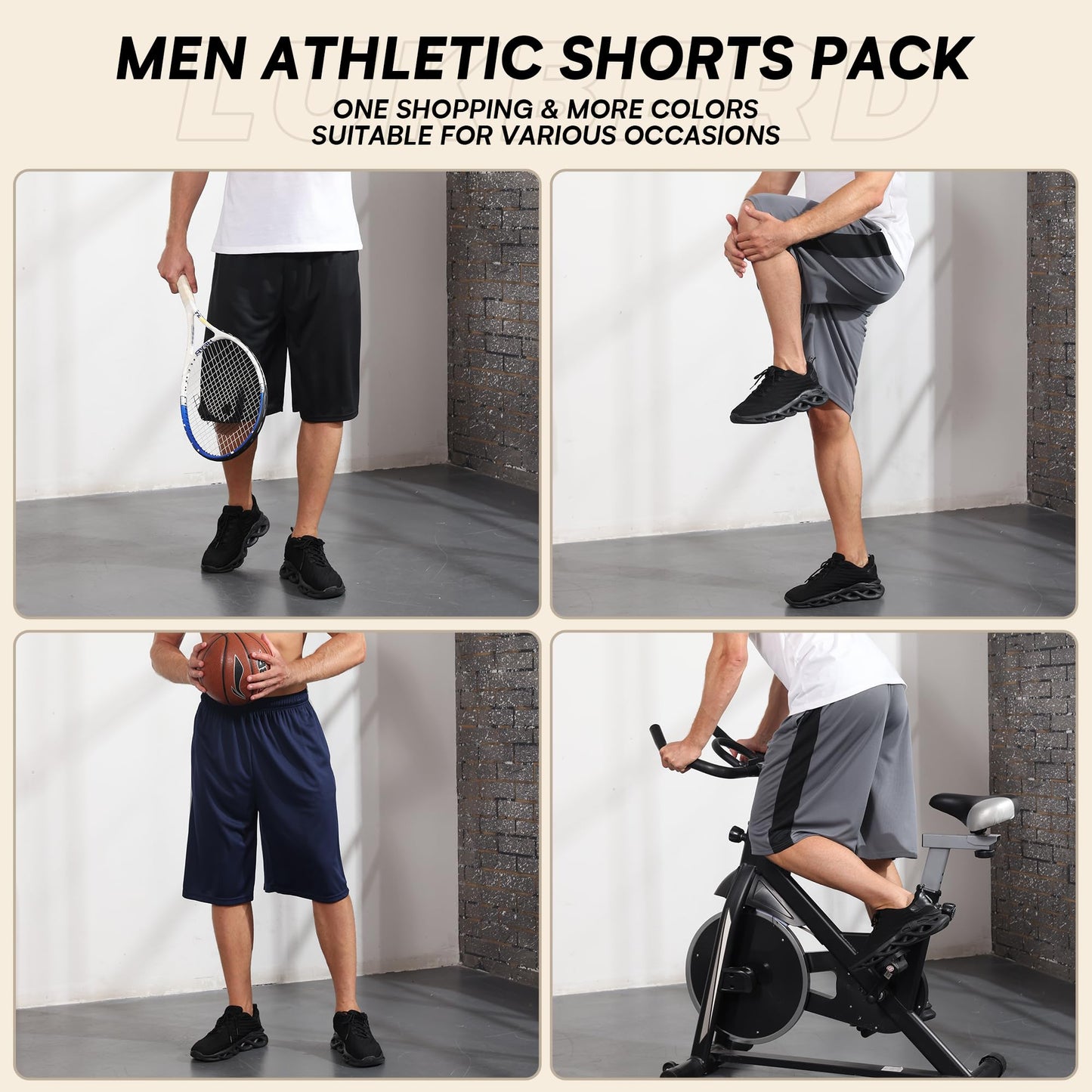 LukBerd 3 Pack Men's Long Athletic Shorts Basketball Workout Gym Shorts Below Knee Loose-Fit with Pockets 3XL