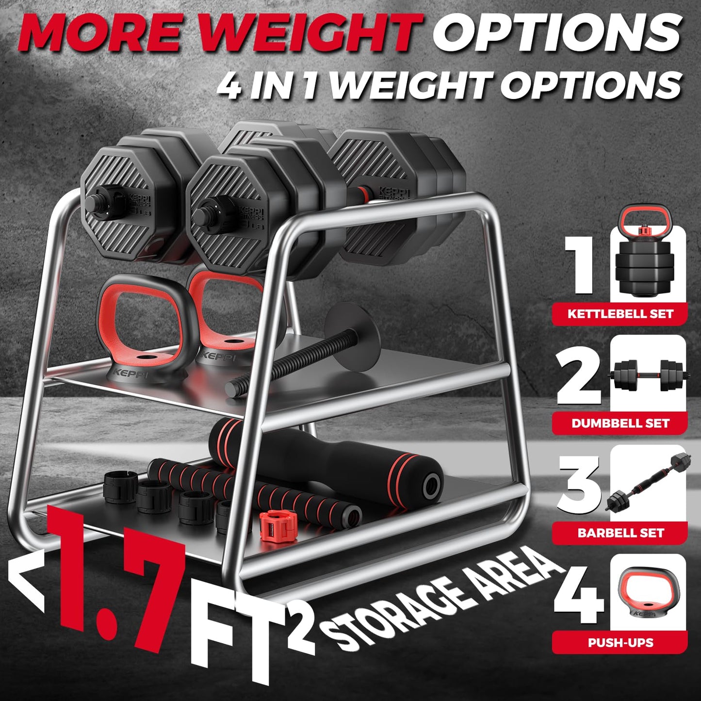 KeppiFitness Adjustable Dumbbell Set, 30/40/50/70/90 lb Weight Set with Connector Bar, 4 in 1 Workout Gear with Dumbbell, Kettlebell, Barbell, Push up Handle for Home Gym Fitness Exercise…