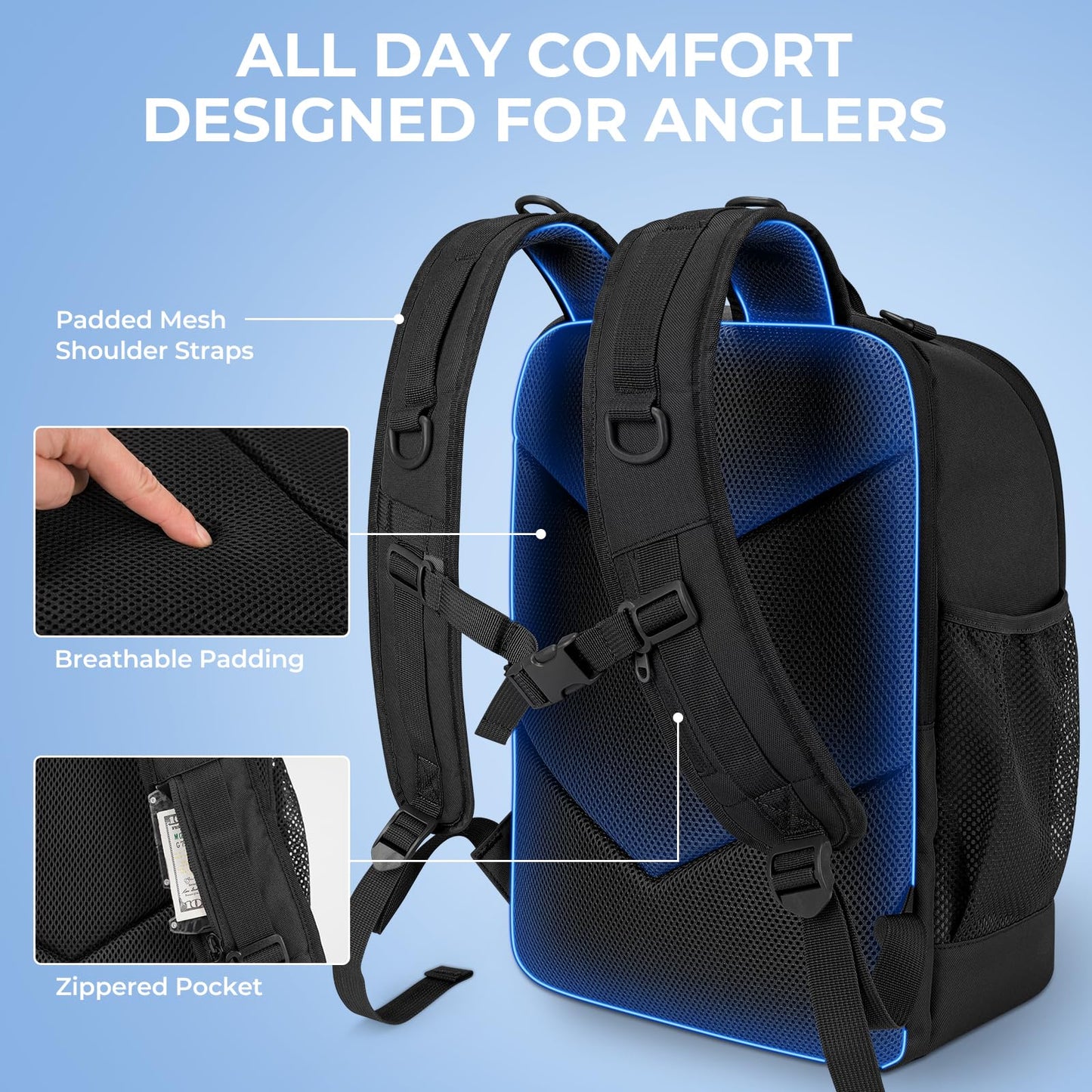 KastKing KarryAll Fishing Tackle Backpack with Rod Holder 4 Tackle Boxes,40/26L Tackle Bag Storage Fishing Gear and Equipment,Black,Medium