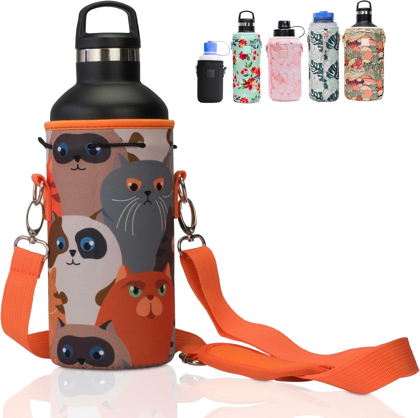 Insulated Neoprene Water Bottle Carrier | Adjustable Sling Pouch | Black, Large