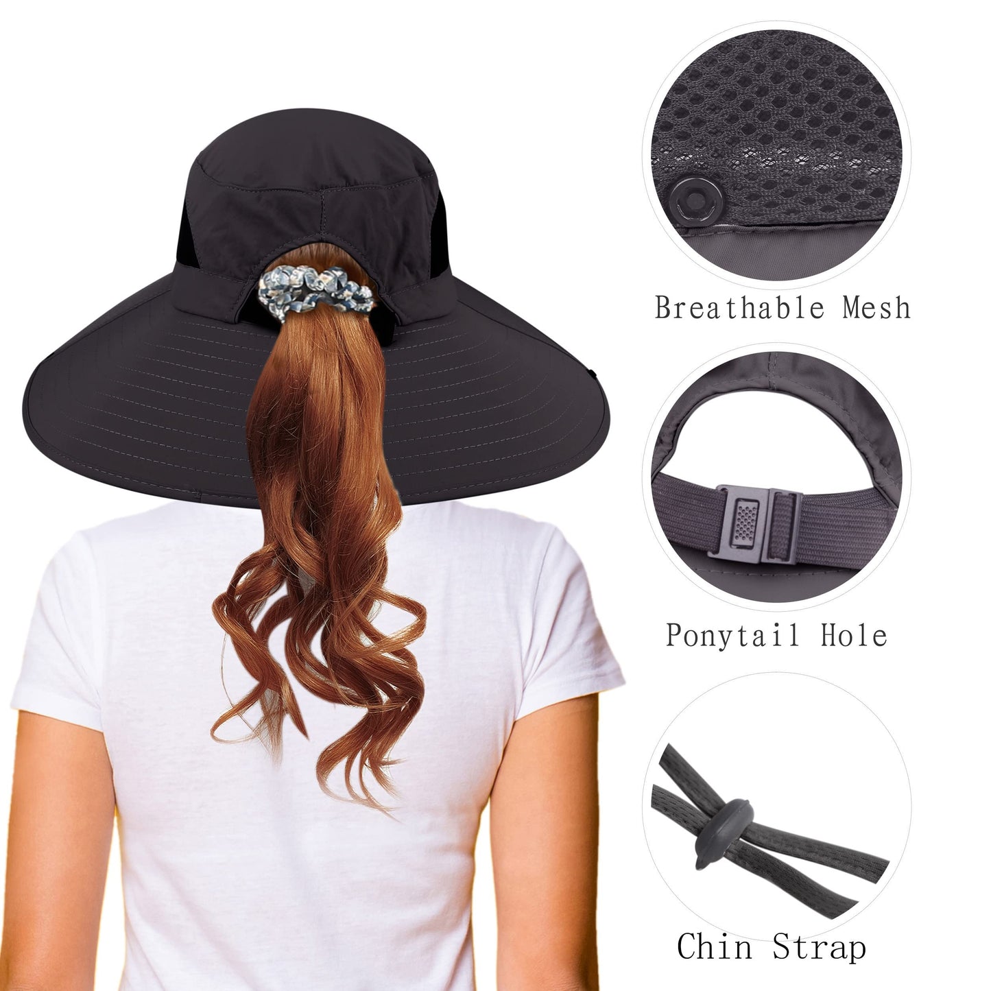 Leotruny Sun Hat with Ponytail Hole: Women Hat for Beach Fishing Hiking Camping Gardening - Outdoors Tribe UV Protection Hat Dark Gray