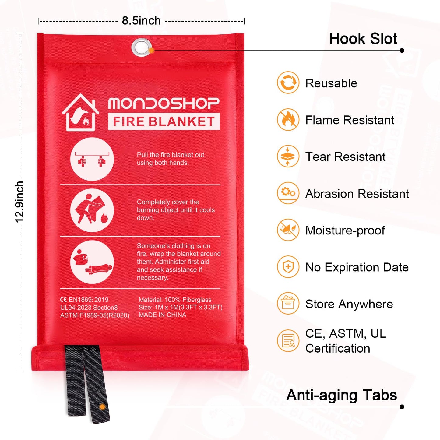 Mondoshop Fire Blankets Emergency for Kitchen Home - Emergency Fire Retardant Blanket for Home Fireproof Blanket for Camping, Grill, Car, Office, Warehouse, School, Picnic, Fireplace