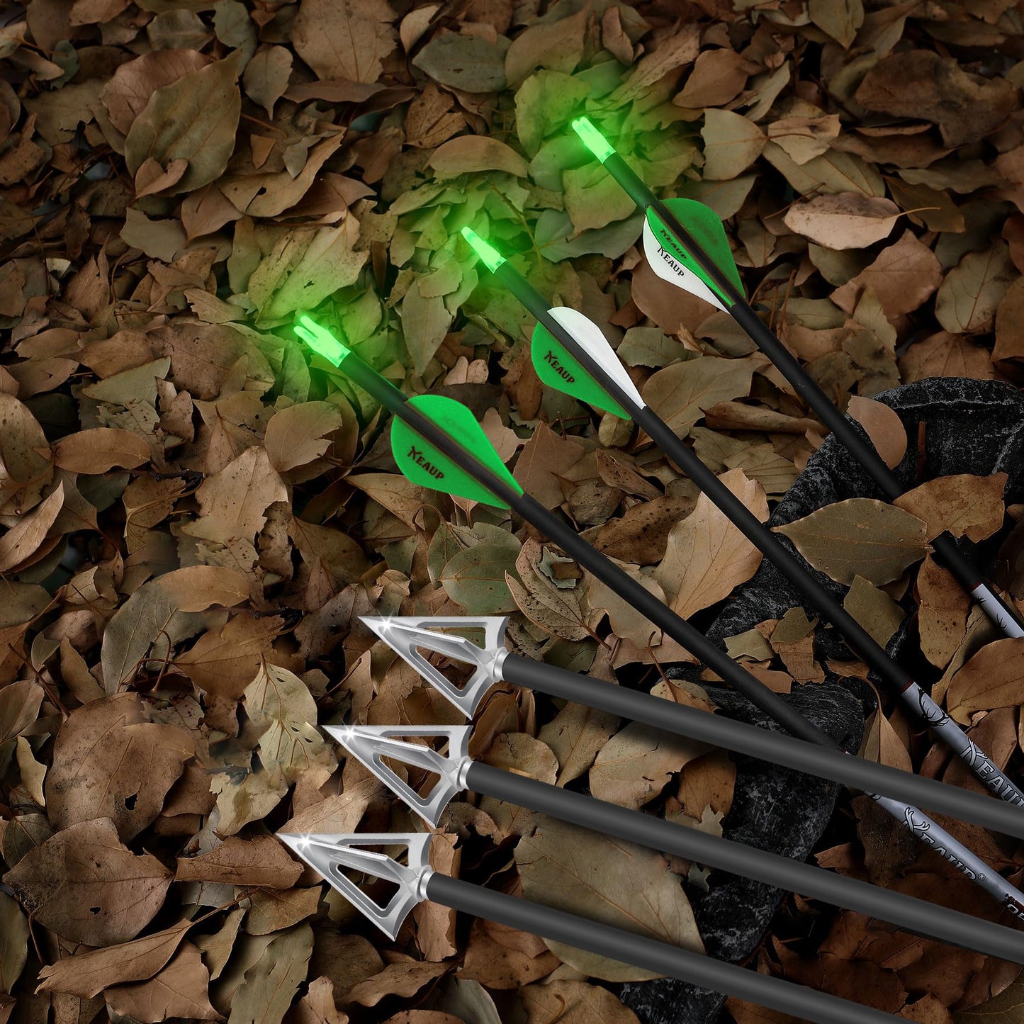 KEAUP 31 inch 100% Carbon Arrows and Broadheads .244/6.2mm Lighted Nocks Set, 6 Pack Hunting Compound Bow and Recurve Bow Shaft Spine 300/350/400/500 (Spine 350, Green)
