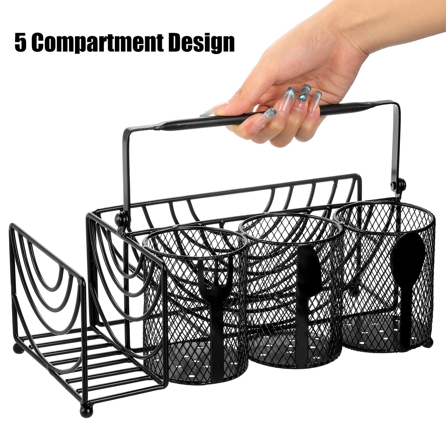Mezchi Metal Utensil Caddy with 5 Compartments, Black Mesh Silverware Caddy Organizer, Flatware Storage Holder for Napkins, Plates, Party, Camping, Picnic, Buffet, RV, BBQ, Kitchen, Countertop