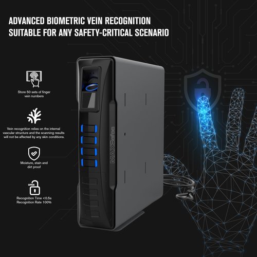 MAXSafes Biometric Slider Handgun Safe for Desk, Nightstand, Travel Silent Mode, Auto Sliding Door Hand Gun Safe for Finger Vein Recognition PIN Code Key Access CA DOJ Certified