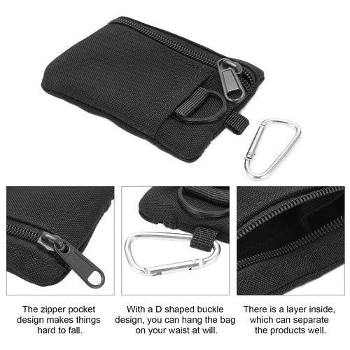 Chazcool Mini Size EDC Utility Pouch Bags, Molle Pouch with Carabiner, EDC Pocket Organizer, Mini Molle Pouch Wallet for Biking Camping (Black)