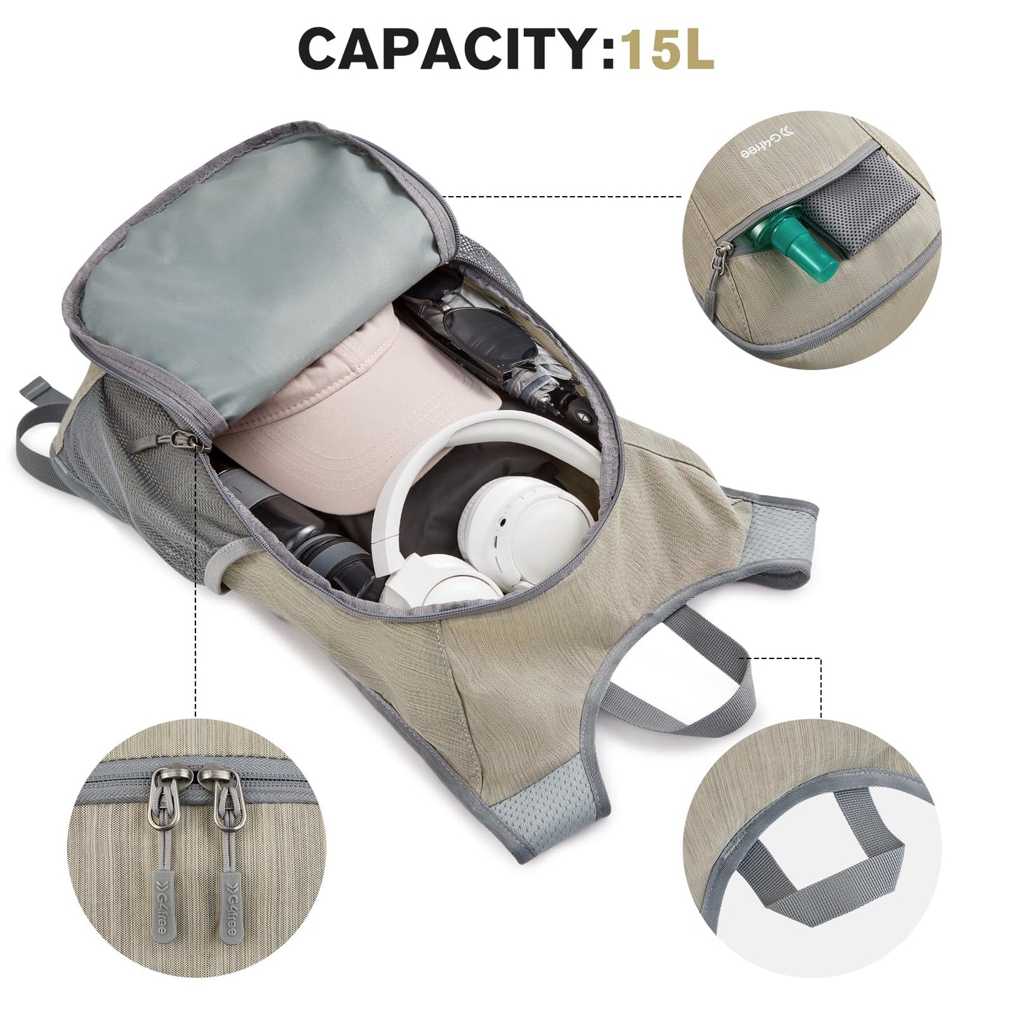 G4Free 15L Hiking Daypack Lightweight Travel Backpack Packable Outdoor Casual Foldable Shoulder Bag (Beige)