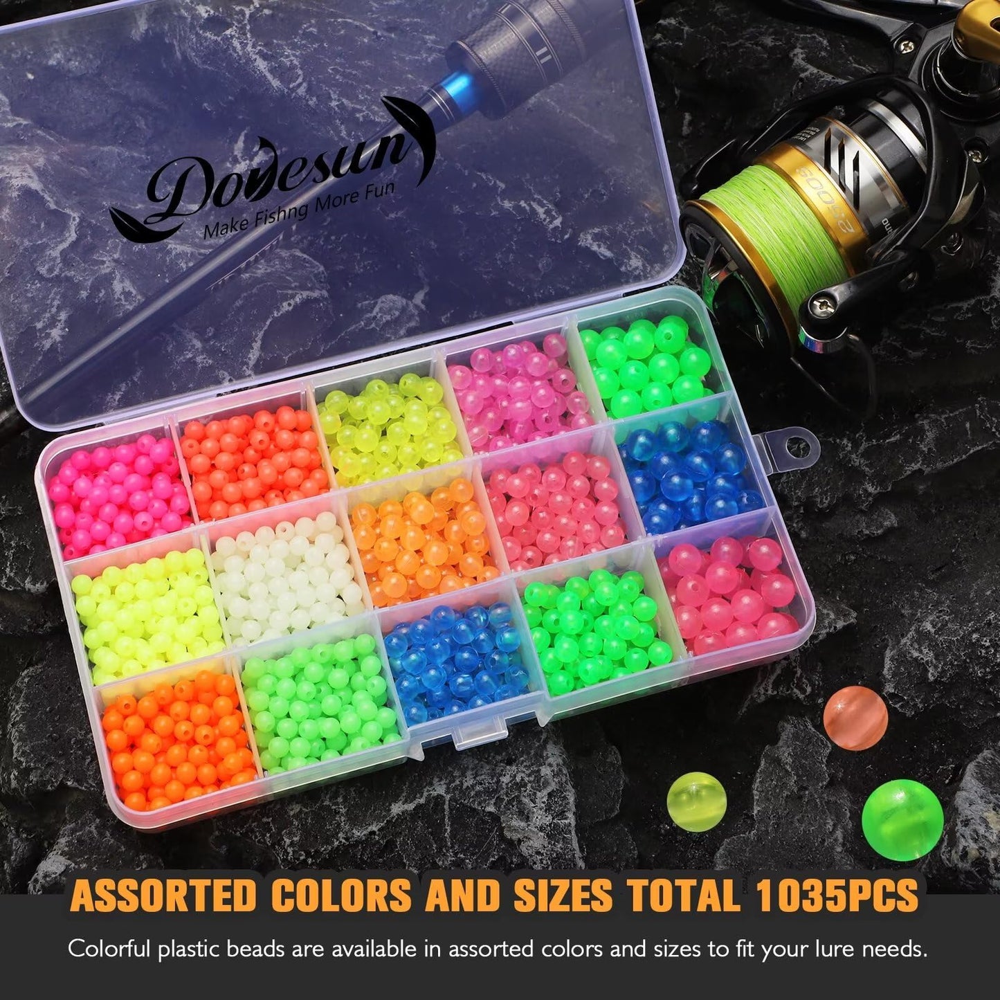 Dovesun Fishing Beads Fishing Line Beads Glow in Dark Fishing Beads for Saltwater Colorful Floating Beads for Fishing Rigs Fishing Bait Eggs 12 Colors B-5mm6mm8mm/0.2in0.24in0.32in(1035pcs)