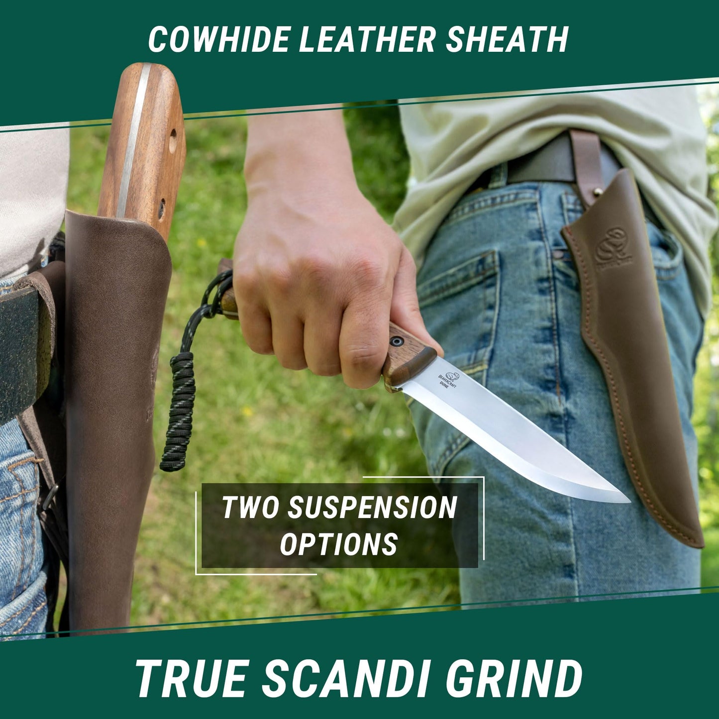 BeaverCraft Bushcraft Knife Full Tang Carbon Steel with Leather Sheath – Camping Bush Knife Fixed Blade – Outdoor Bushcraft Knives BSH1 Dune