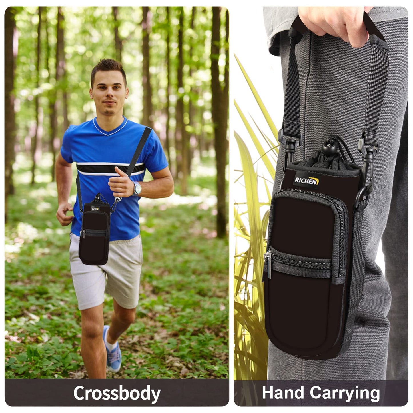RICHEN Neoprene Water Bottle Carrier Bag 25/32/40 oz, Bottle Pouch Holder with Adjustable Padded Shoulder & Handle Strap and Front Pockets for Men/Women Hiking Travelling Camping (Black, 40oz)