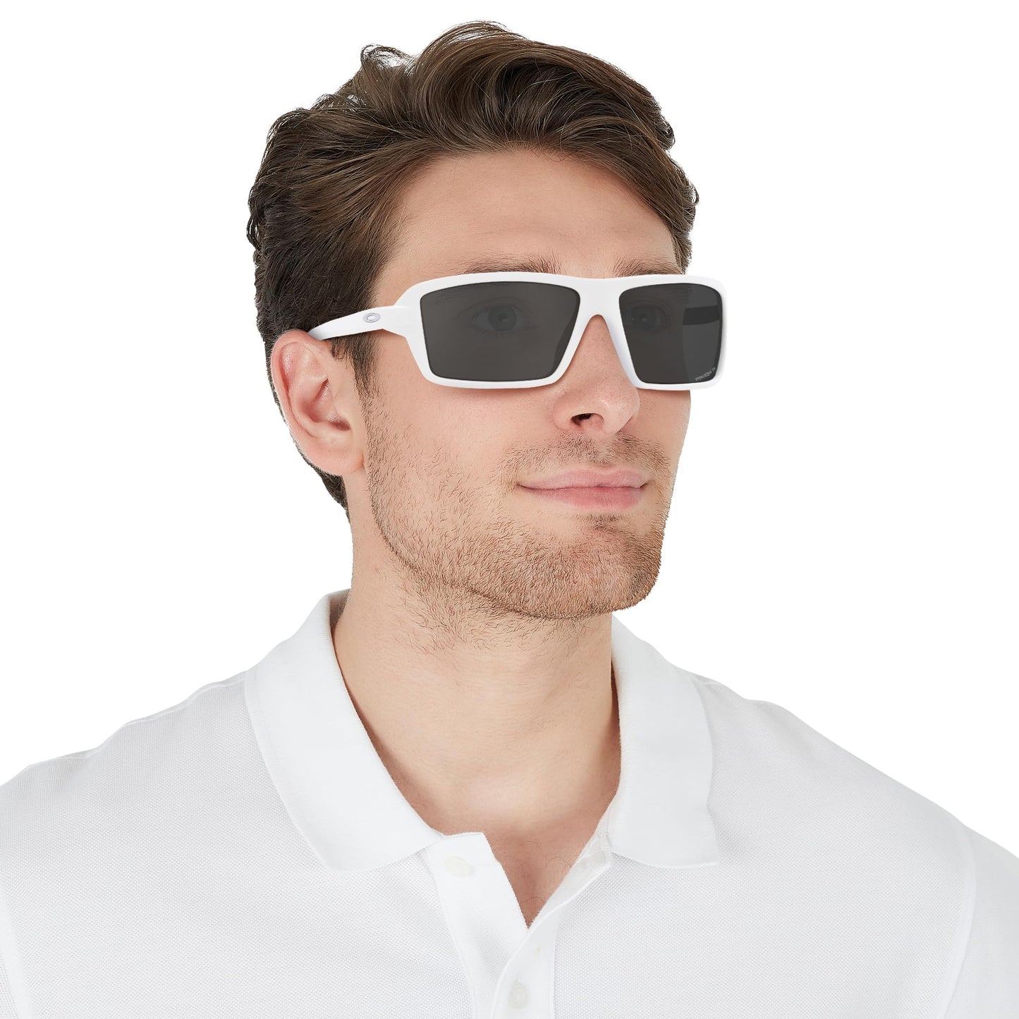 Oakley Men's OO9129 Cables Rectangular Sunglasses, Matte White/Prizm Black Polarized, 63 mm