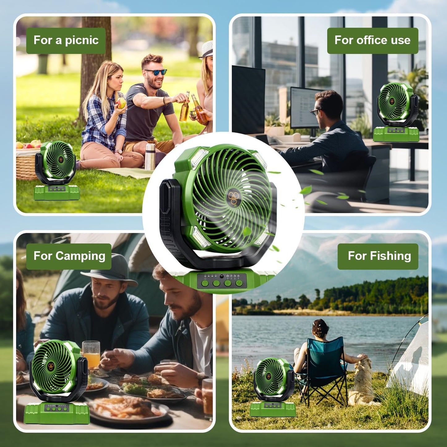 20000mAh Camping Fan with LED Lantern, 360° Oscillation, Remote Control, 4 Speed & Timer, Rechargeable Battery Powered Fan for Tent, Outdoor, Travel, Hurricane, Emergency, Power Outage (Green)