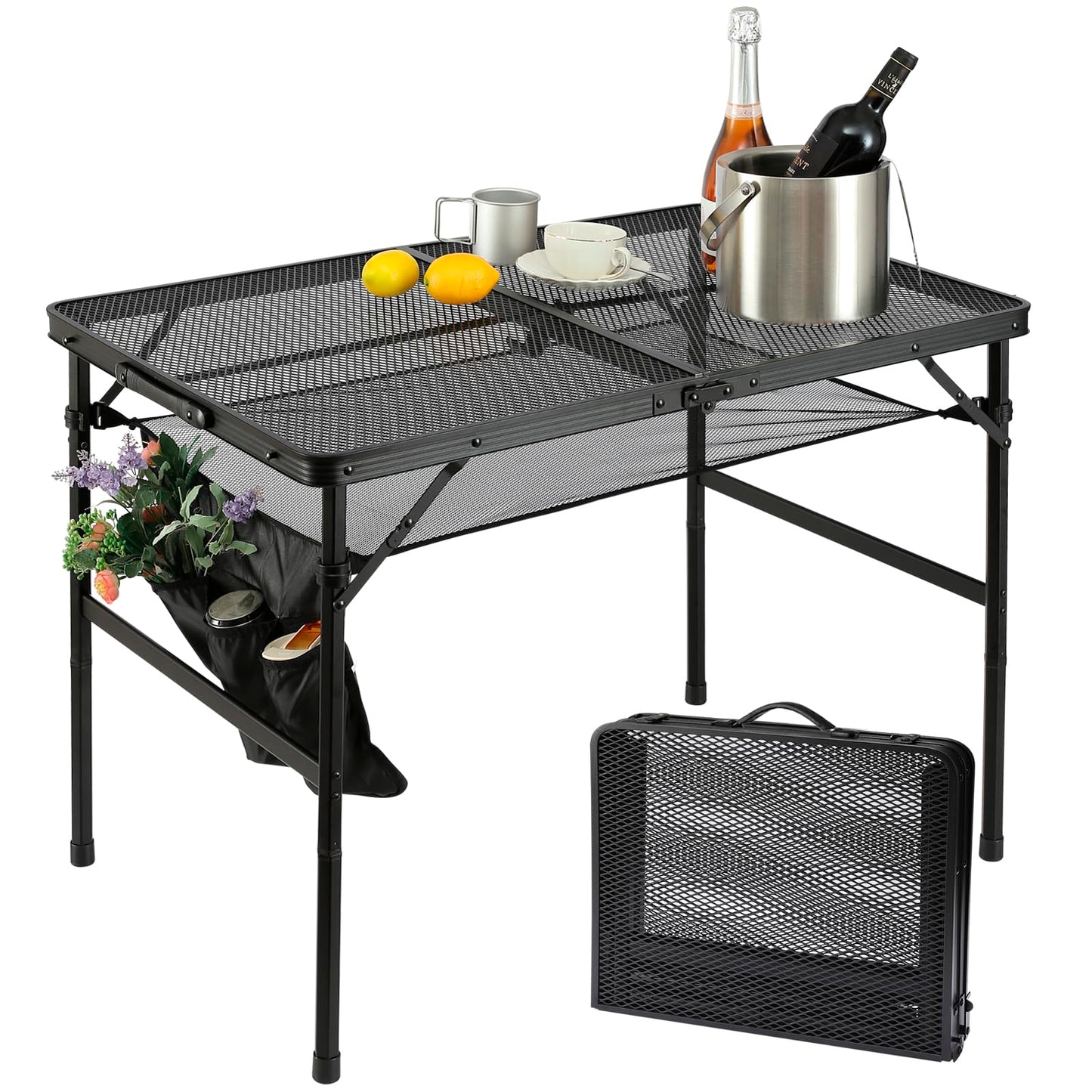 SKIKEN Folding Metal Camping Table with Mesh Layer, Portable & Lightweight Grill Table for Outdoor, 2 Adjustable Heights, Metal Mesh Tabletop for Camping Cooking, Medium Size (2.95 FT, Black)