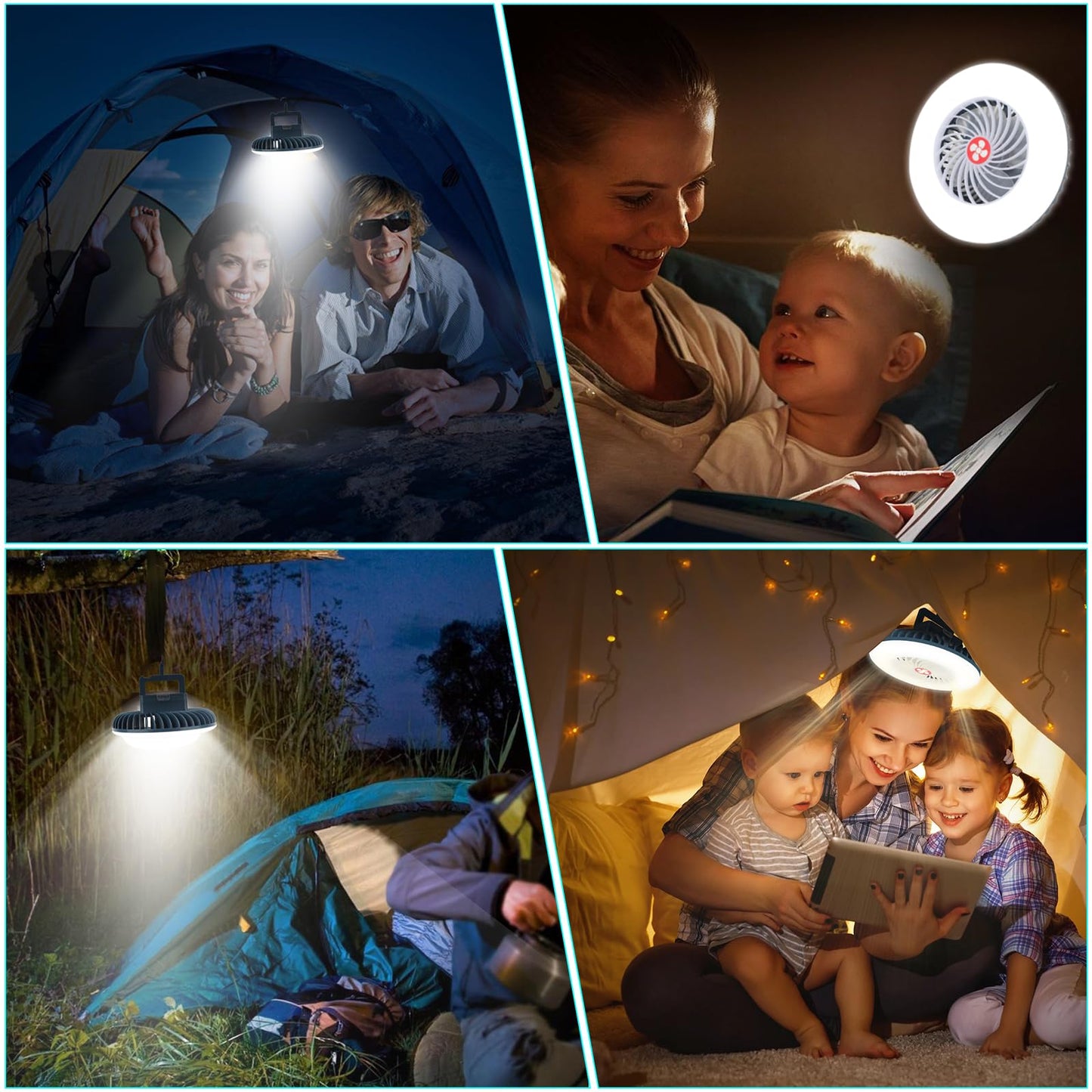 2 Packs Portable Camping Fan with LED Lantern,USB Rechargeable for Phone Waterproof Tent Fan with Hanging Hook Magnet Survival Kits for Indoor Outdoor Hiking Car Office Desk Outdoor Emergency Power