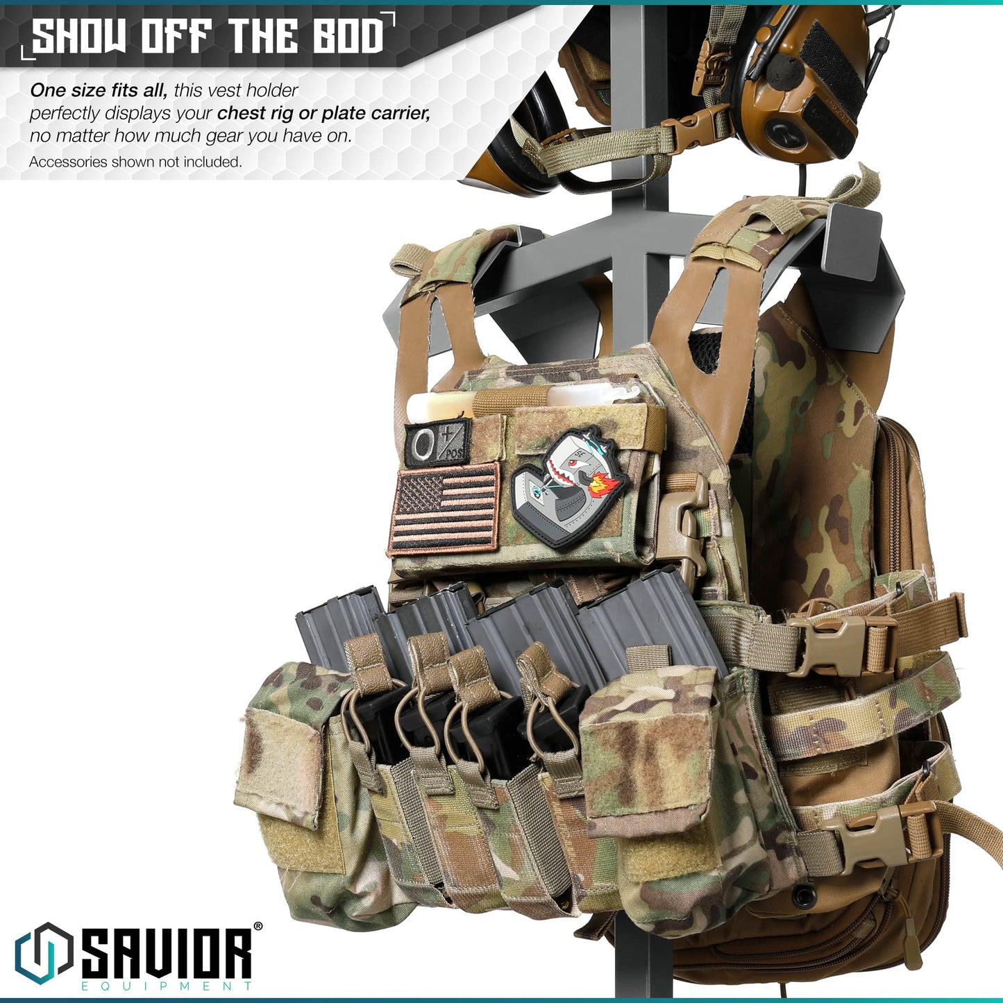 Savior Equipment H.P.C Tactical Gear Stand Tabletop Helmet Vest Display Rack, Military Gear Holder Plate Carrier Indoor Home Garage Free-Standing Organizer, SW Gray