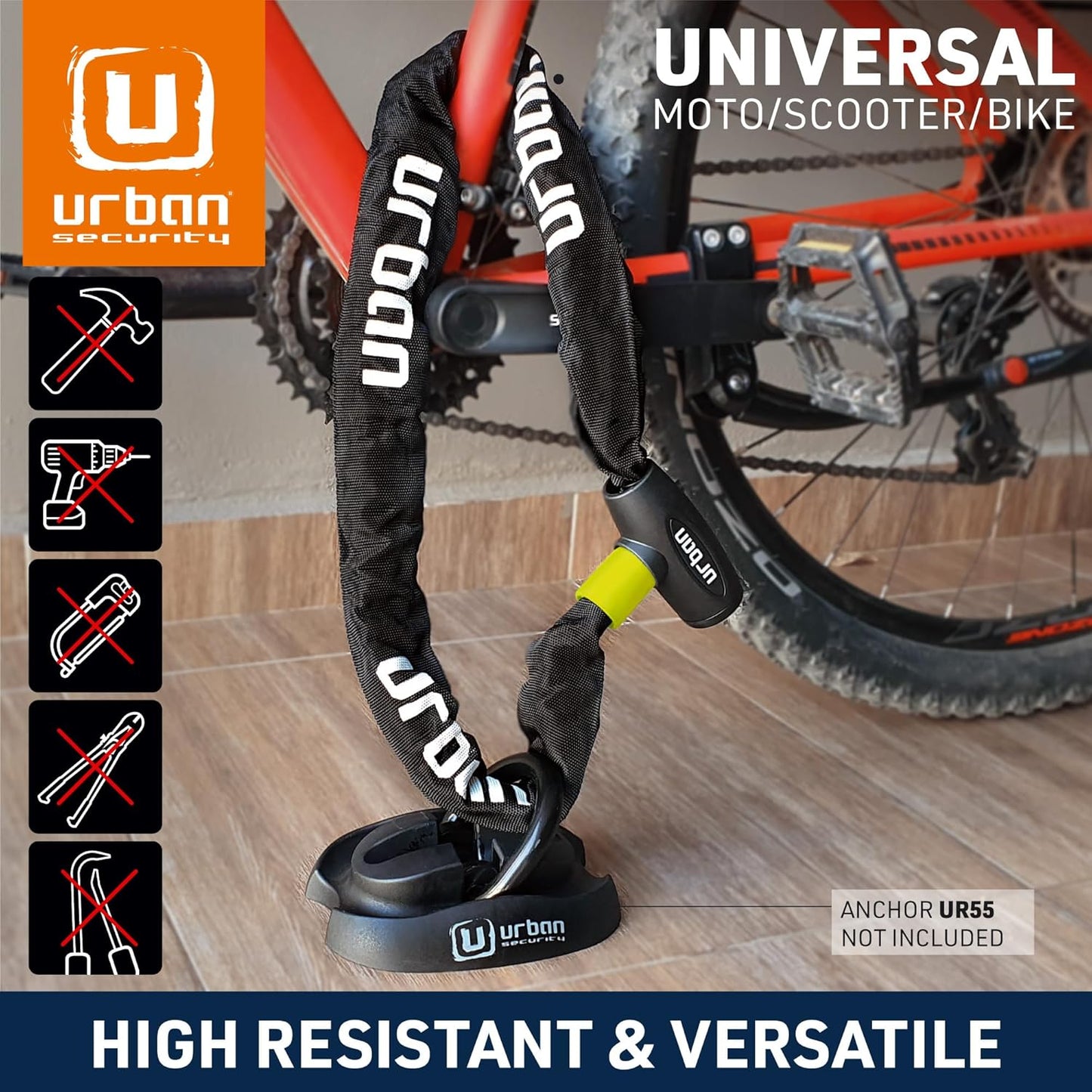 URBAN XK170 Bike Chain Lock, Heavy Duty Anti Theft 170cm ø8mm Hardened Steel Chain High Security Lock, More Length More Fixing Options, Versatile Anti-Theft for Bicycle, Motorcycle or Electric Scooter