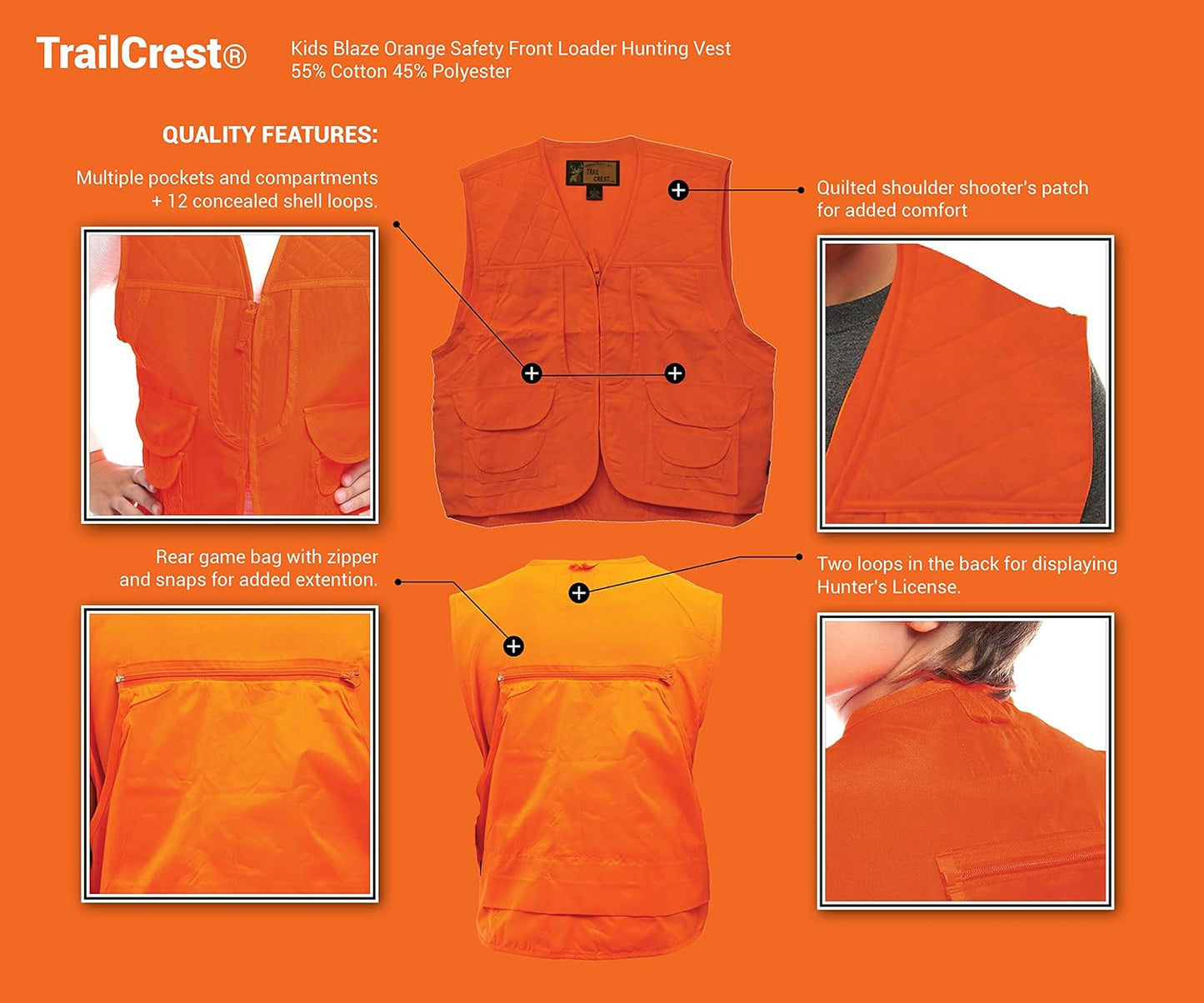TrailCrest by Treel Kids Blaze Orange Safety Front Loader High Visibility Hunting Vest