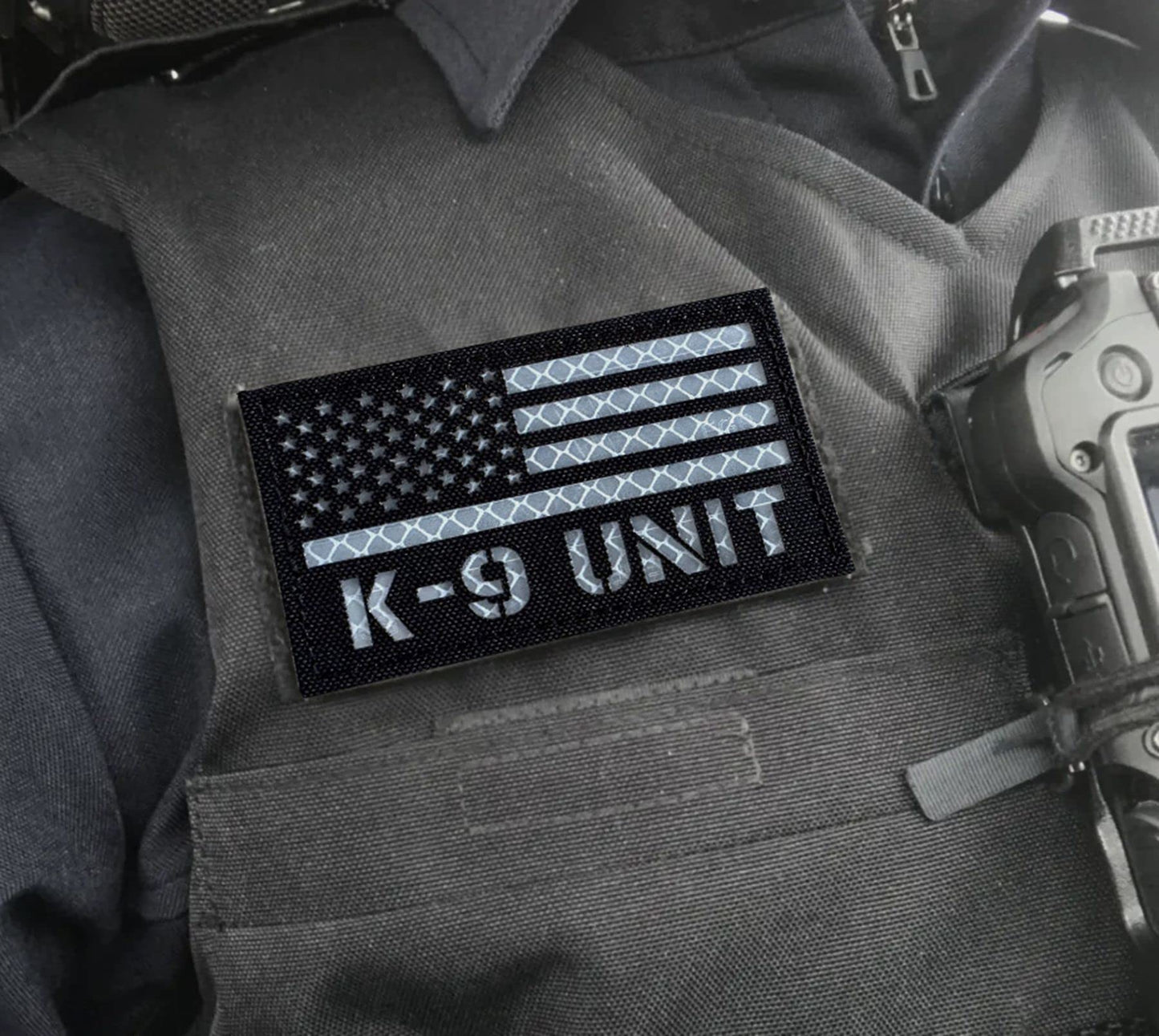 2 Pack Reflective K9 Unit Patch US Flag with Hook Back for Service Harness Tactical Vest Collar Hook-Fastener Backing (Black-White)