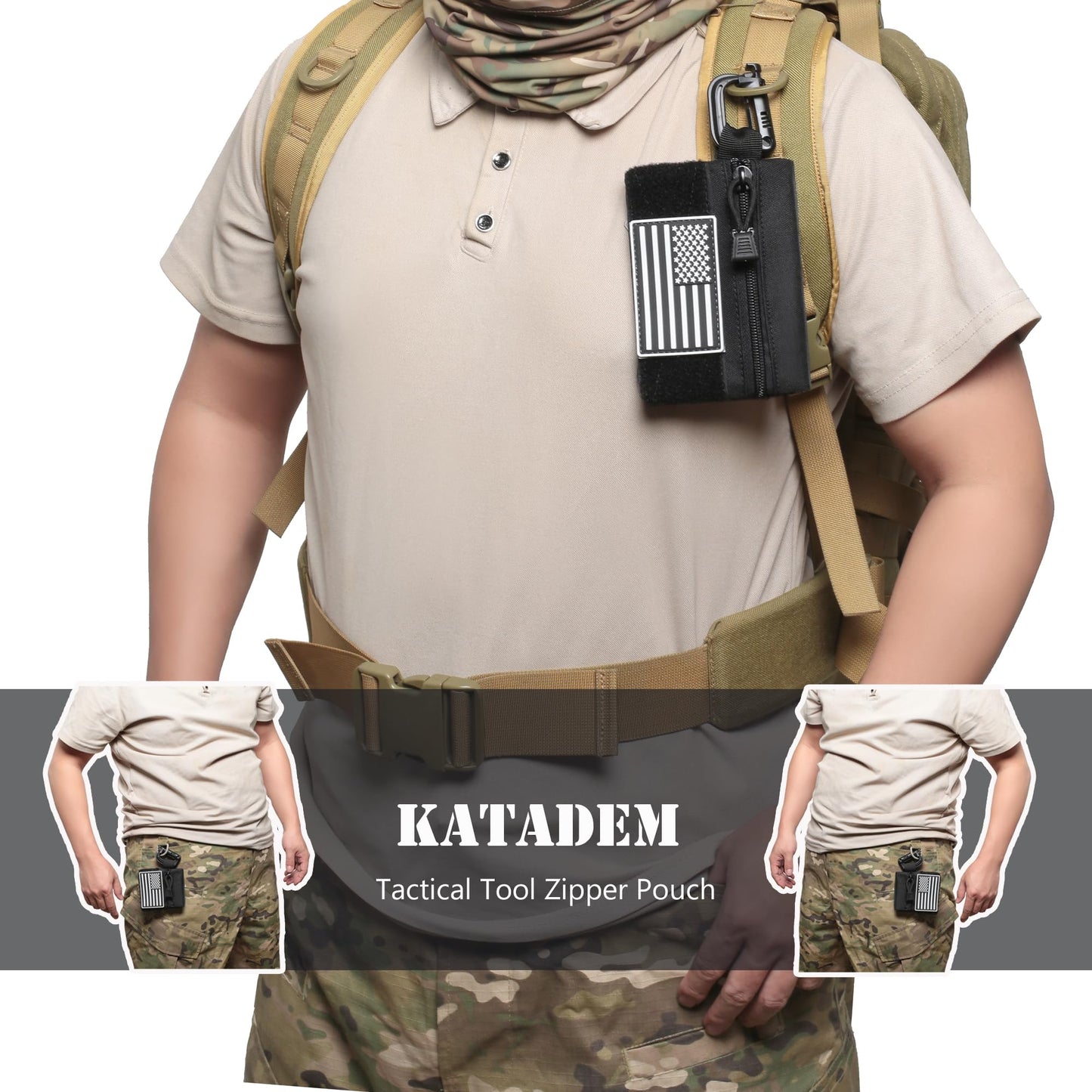 3 Pieces MINI Tactical Tool Zipper Pouch with US Patches & D-Ring Clips - Expansion Pouch,Bag Insert EDC Organizer,Utility Storage Accessories with Hook Fasteners for Vest Backpack Bag Hook and Loop