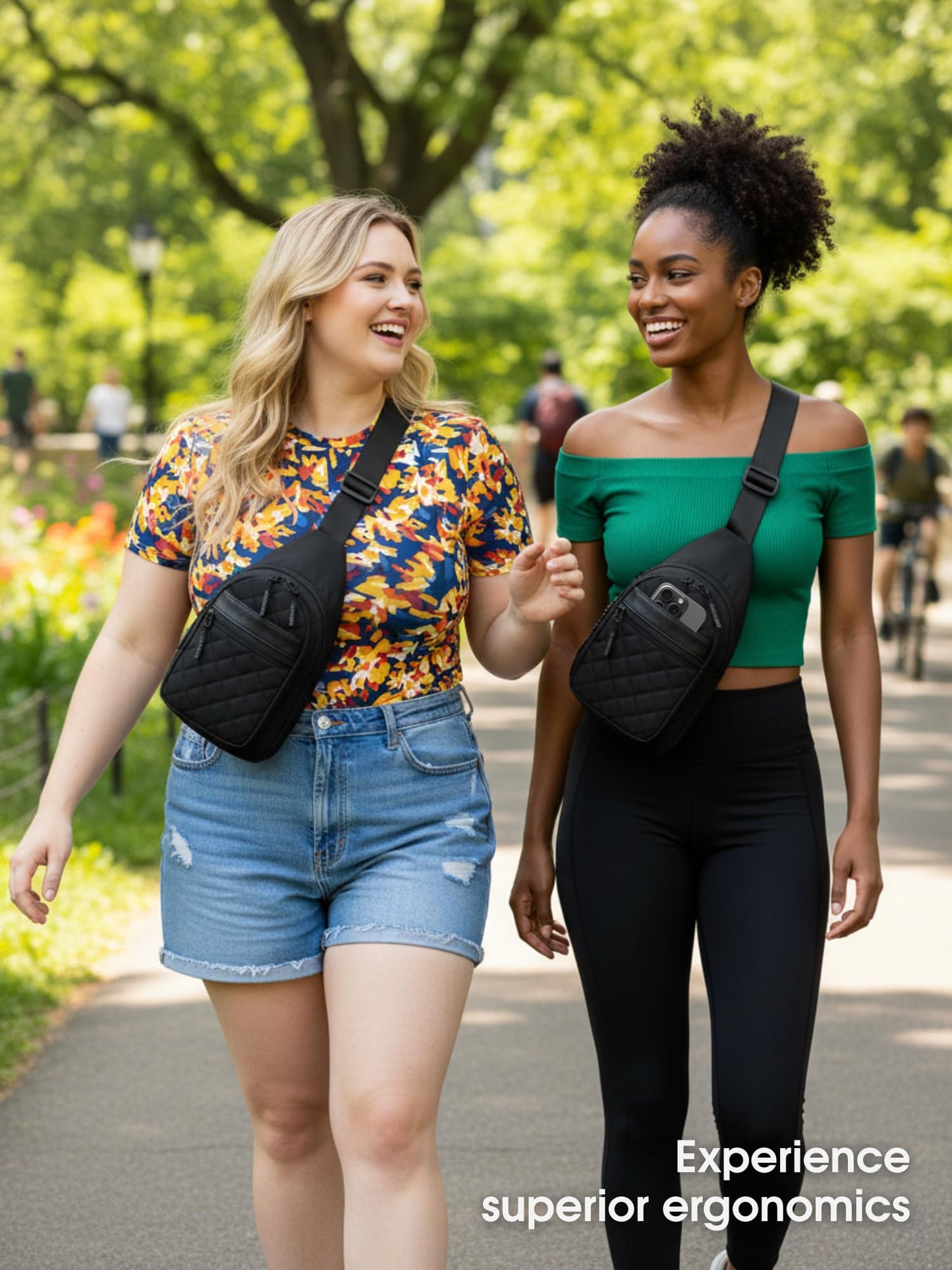 FORZAROCKET Sling Bag Double Compartment w/Long Strap 66" - Crossbody Bag w/Extended Strap - Women Men Fanny Pack - Two-Way Durable Zipper - Compact Sling Backpack - Plus Size Friendly, Black Quilted