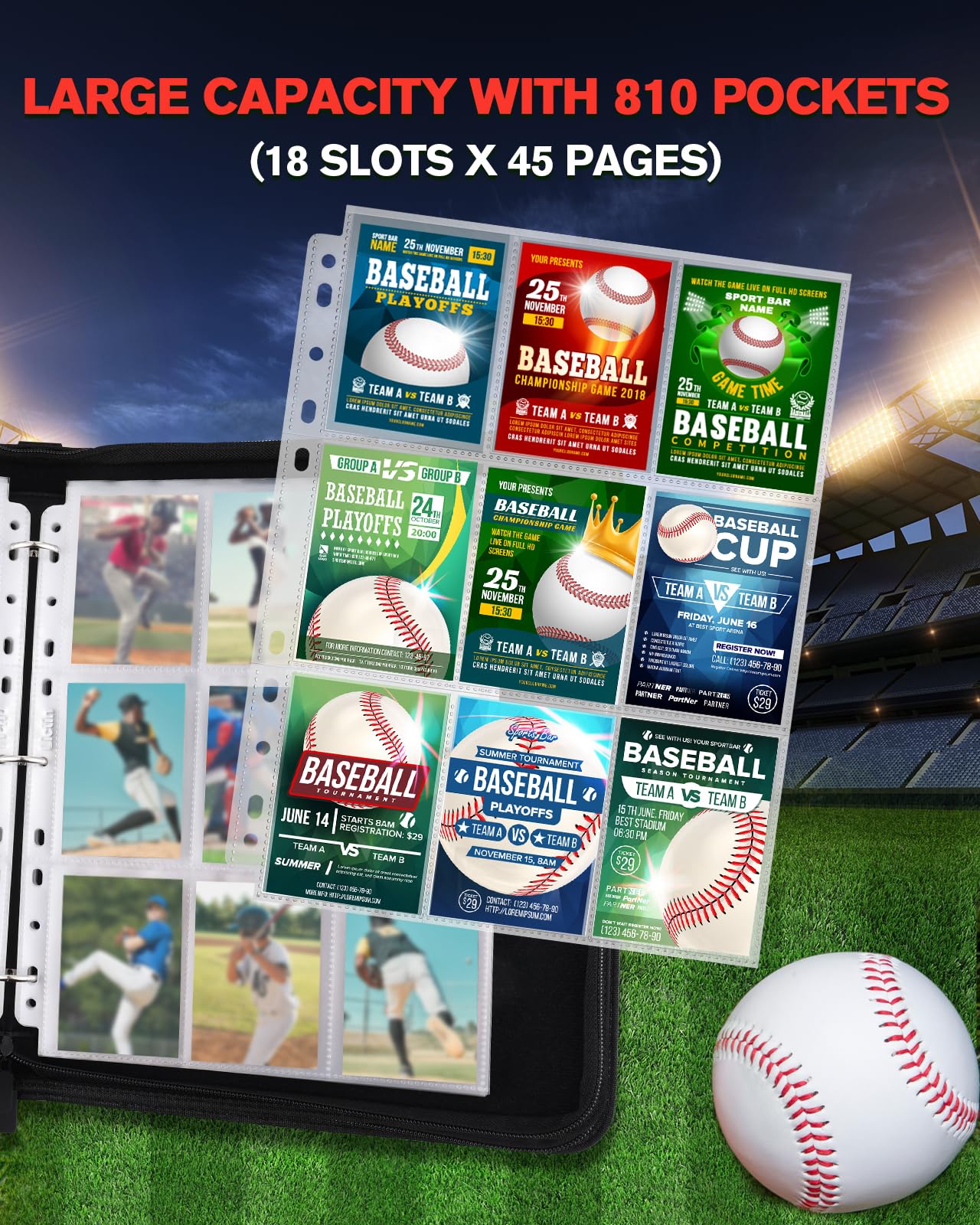 Baseball Card Binder 810 Pockets - Lictin Baseball Card Holder, Collectible Trading Card Albums with 45 Removable Sleeves (Baseball-Fire)