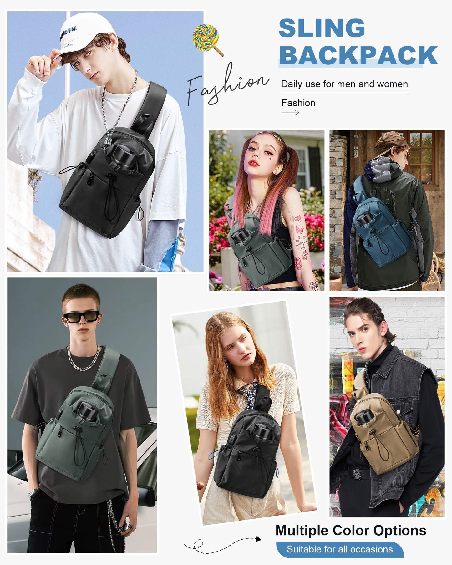 Black Sling Crossbody Bag for Men Women, Tactical Backpack Shoulder Daypack Mini Anti-Theft Cross Body Motorcycle Chest Bags, Small One Strap Fanny Back Pack for Casual Travel Hiking Sport Gym
