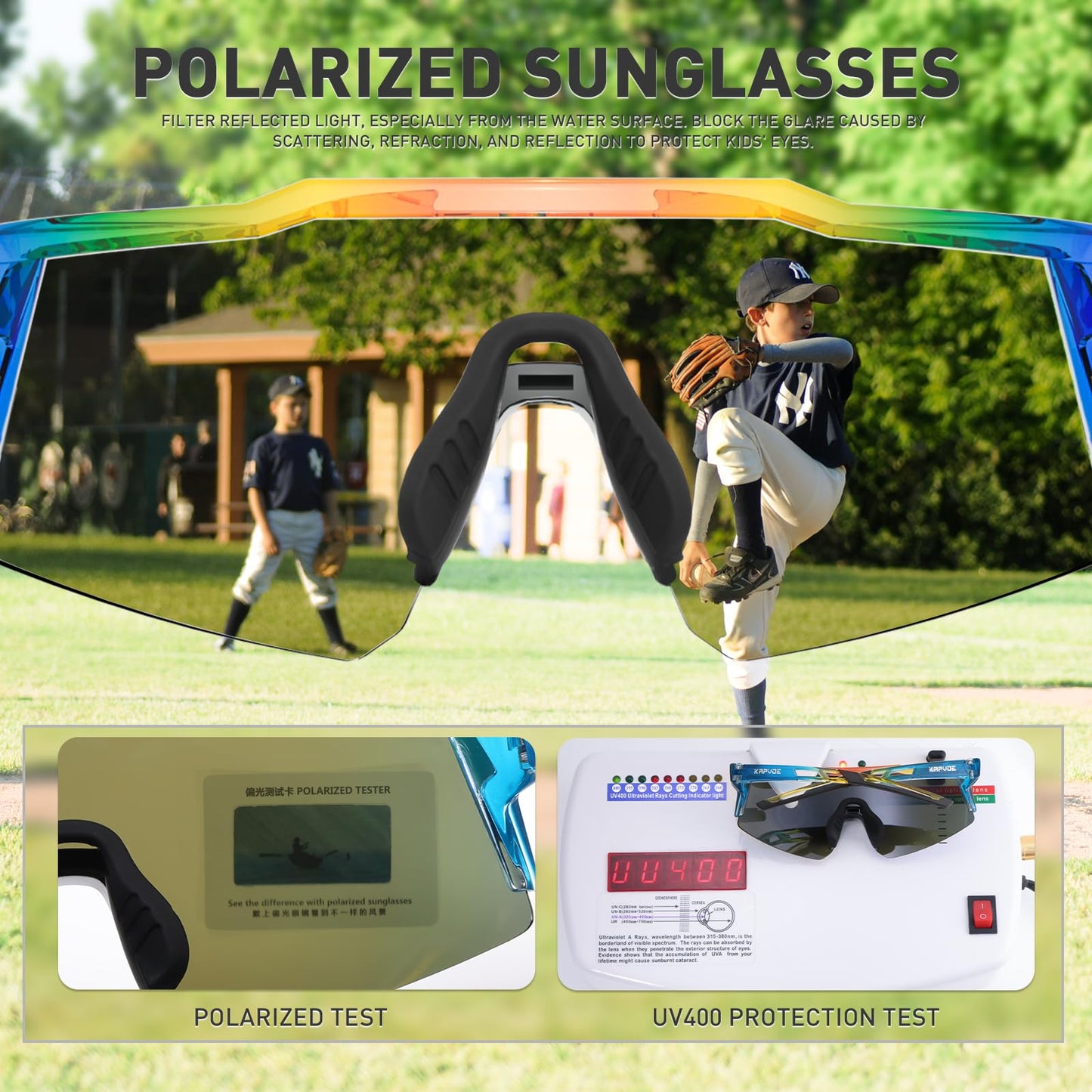 KAPVOE Youth Baseball Glasses Polarized Sports Sunglasses for Boys Girls 6-14 Years Old Softball Running Soccer UV400 Protection TR90 Frames