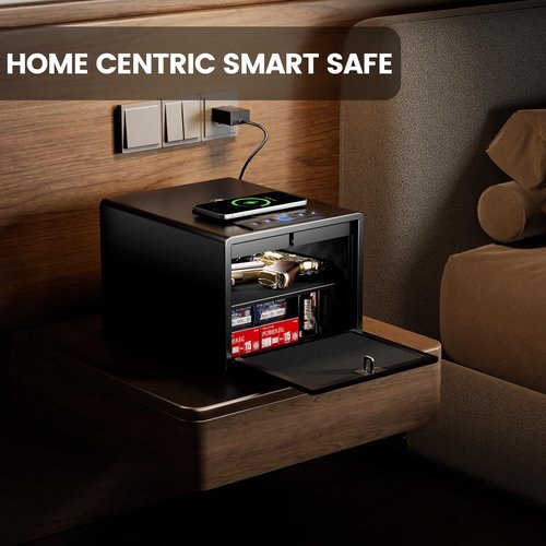 Grimtron Biometric Gun Safe for Handgun with Wireless Charging,Pistol Safe Quick Access Auto Open, Silent Mode and Adapter Nightstand Pistol-Safe up to 4 pstols (Black)