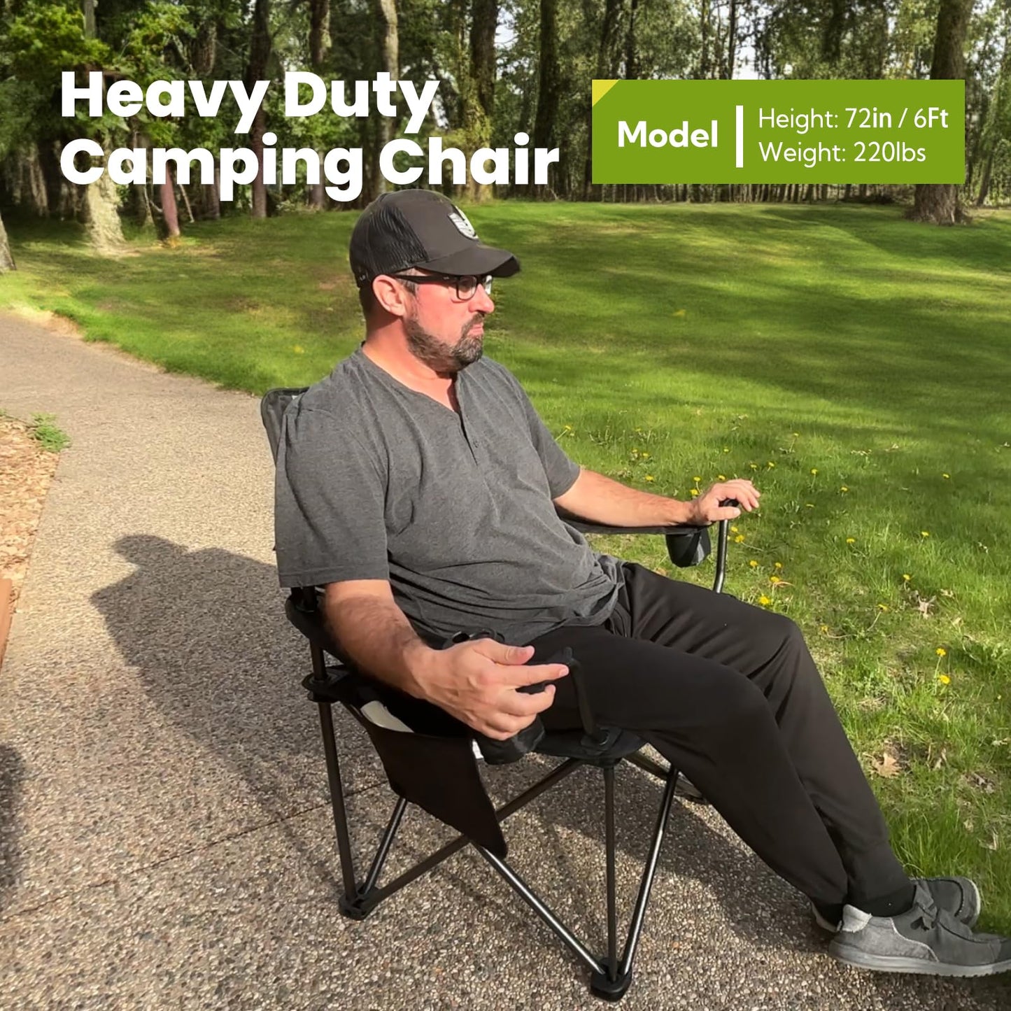 Join Nature Outdoor Large Camping Chairs for Adults, Heavy Duty Camp Chair Support 800lbs, King Kong Folding Chairs with Padded and Pocket for Outside, Sports, Lawn, Built Durable and Reliable, Black
