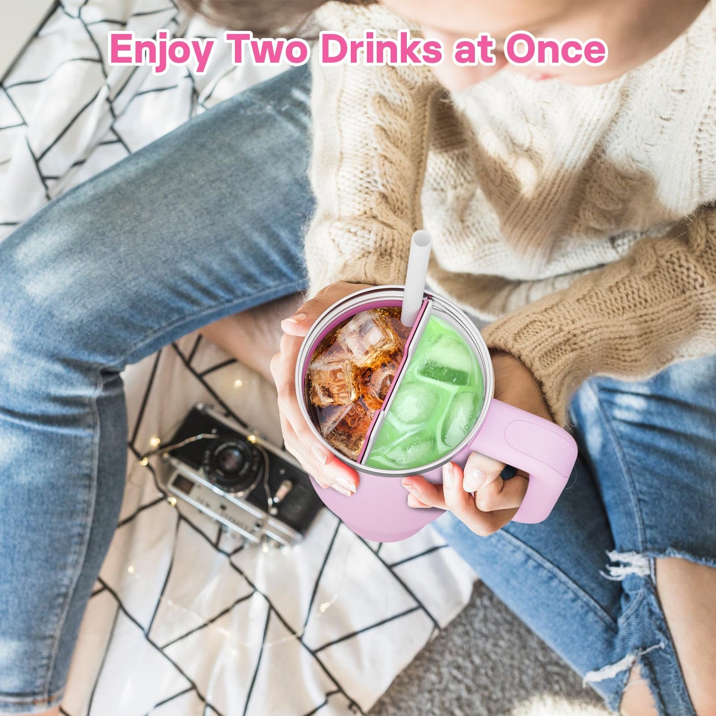 Kawaiita 2-in-1 Drink Separator Silicone Liner Compatible with Stanley Cup 40 oz, Stanley Accessories, Reusable Liner for Cold Drink Separator for Coffee, Juice, Cocktails, Whiskey (Pink and White)