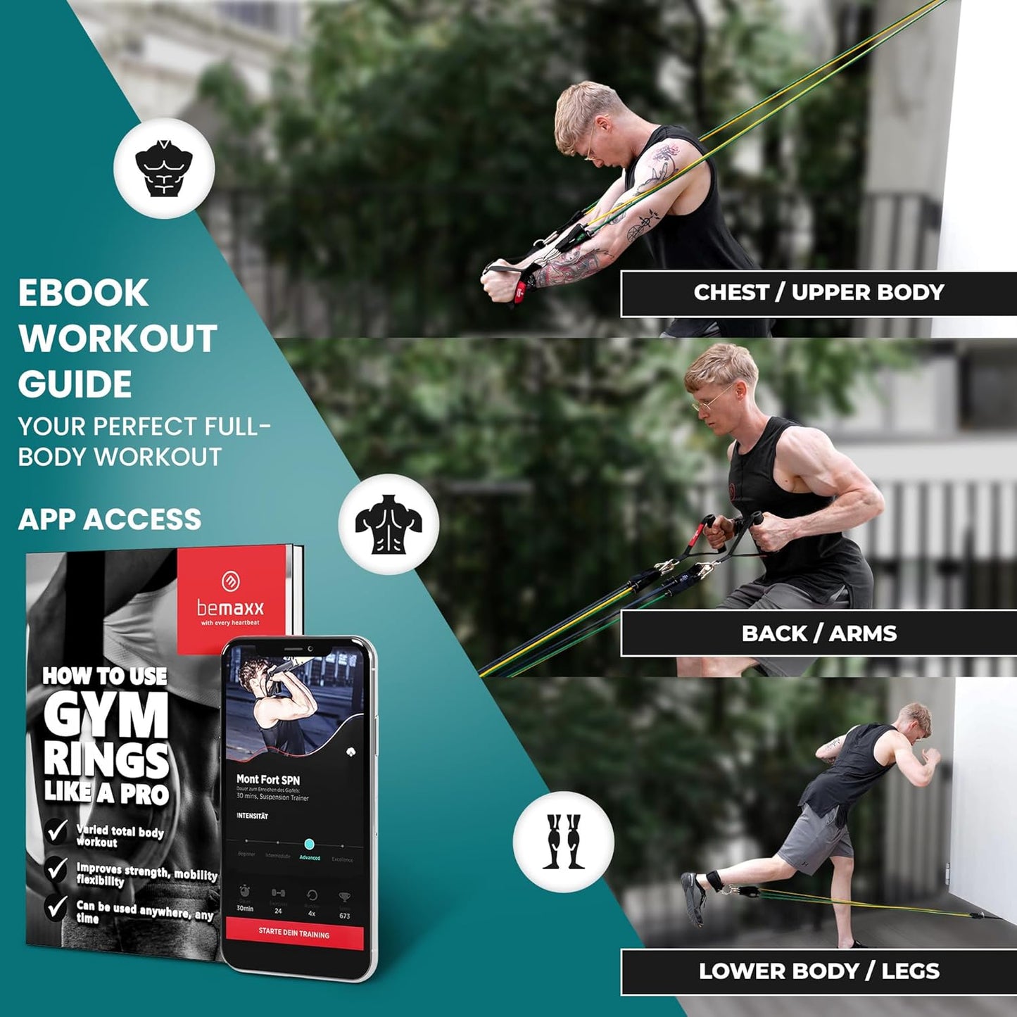 Resistance Bands Set with Handles, Door Anchor, Ankle Straps + Exercise Ebook, 5 Long Latex Tubes Premium Heavy Duty Expander Cords, Full Body Butt Leg Fitness Workout Women, Powerlifting Training Men