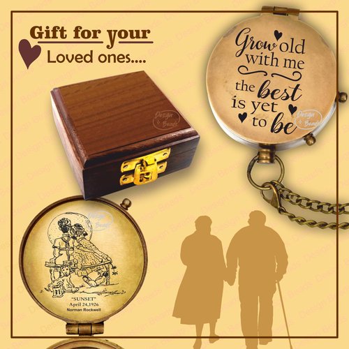 DB Grow Old Along with me Engraved Compass with Norman Rockwell Sunset Engraving, Anniversary Compass Gift for Him or Her Valentine Gift, Birthday, Long Distance, Love, Sorry