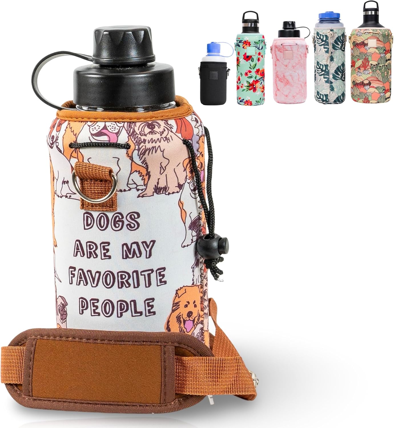Insulated Neoprene Water Bottle Carrier | Adjustable Sling Pouch | Black, Large