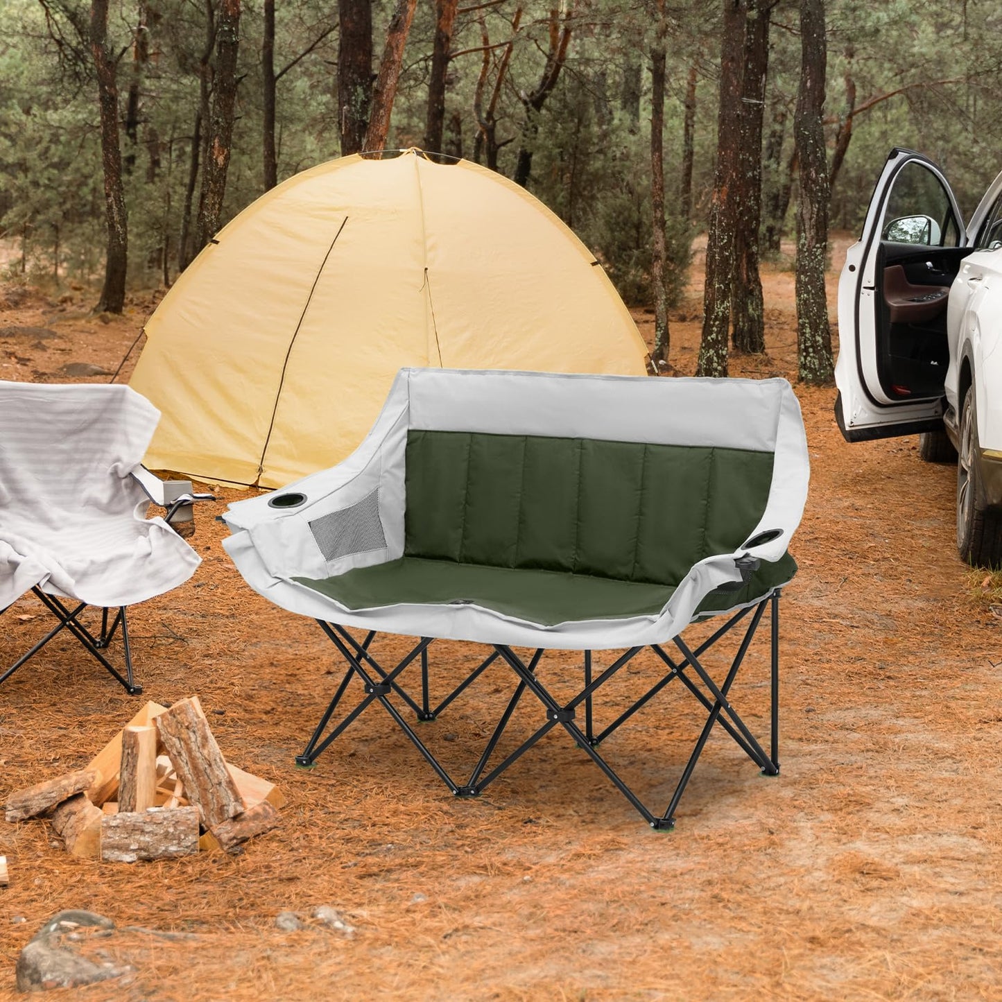 MoNiBloom Collapsible Double Camping Loveseat Chair Outdoor Beach Lawn Picnic Hiking Travel Portable Foldable Collapsible 2-Person Love Seat Camp Chair for Adults (Dark Green and Light Gray)
