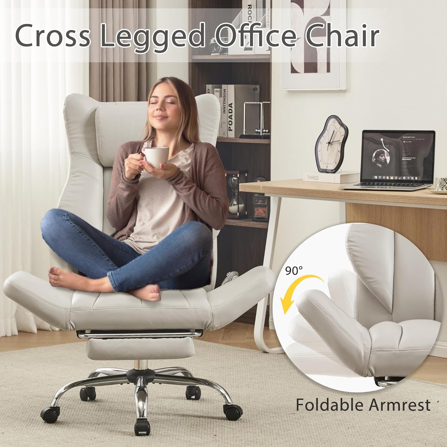 Ergonomic Cross Legged Office Chair with Footrest,Leather Big and Tall Executive Chair with Wheels,Reversible Armrest and Lumbar Pillow,135° Reclining Computer Wide Desk Chair for Home,Office (Beige)