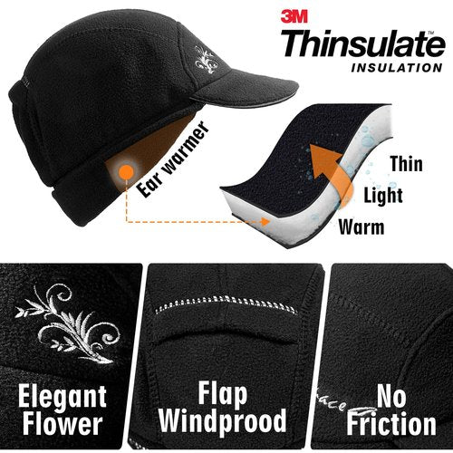 EZPACE Fleece Ponytail Hat for Women with 3M Thinsulate Ear Warmer Running Gear Winter Cold Weather Black